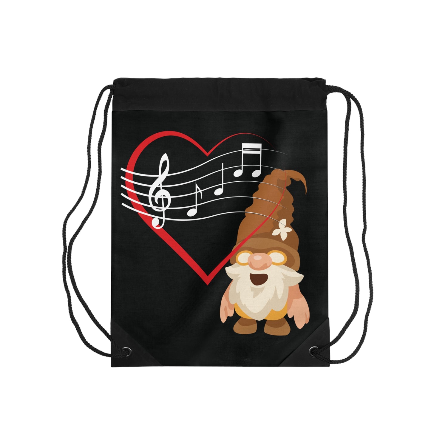 Heartfelt Melodies Drawstring Bag: Whimsical Gnome & Music Design