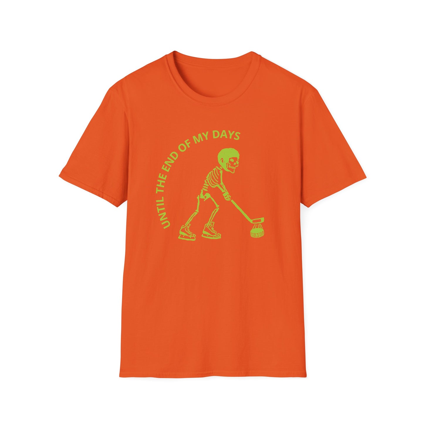 Hockey 'Til I Die: Skeleton fluo Hockey Player T-Shirt | Men's Short Sleeve Tee - Unisex Softstyle T-Shirt Orange