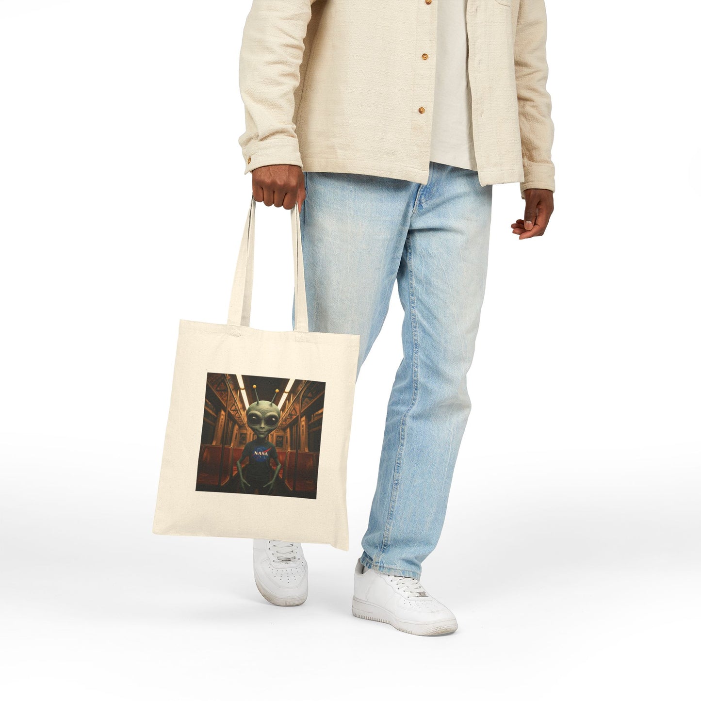 Alien in Subway Tote Bag: Urban Adventure on Canvas - Funny & Quirky City Life Gift for Travelers & Explorers