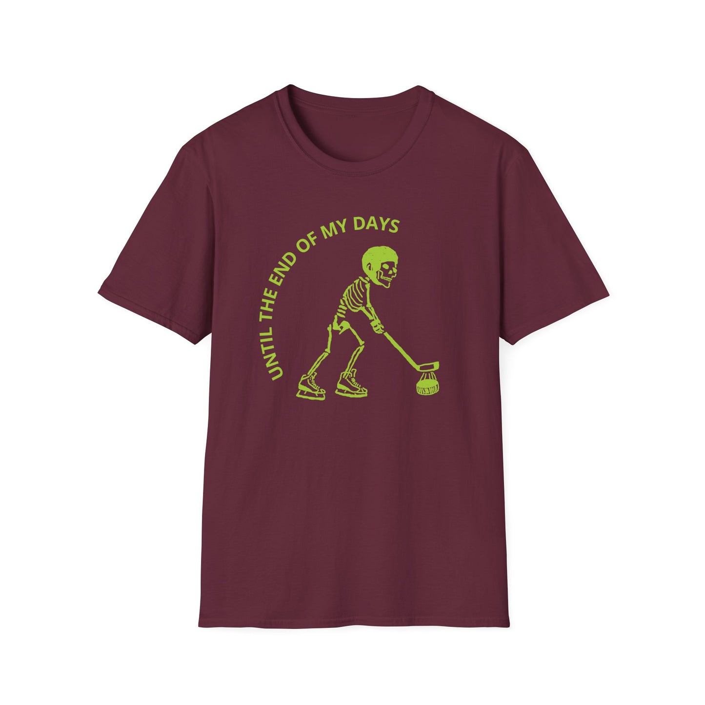 Hockey 'Til I Die: Skeleton fluo Hockey Player T-Shirt | Men's Short Sleeve Tee - Unisex Softstyle T-Shirt Maroon