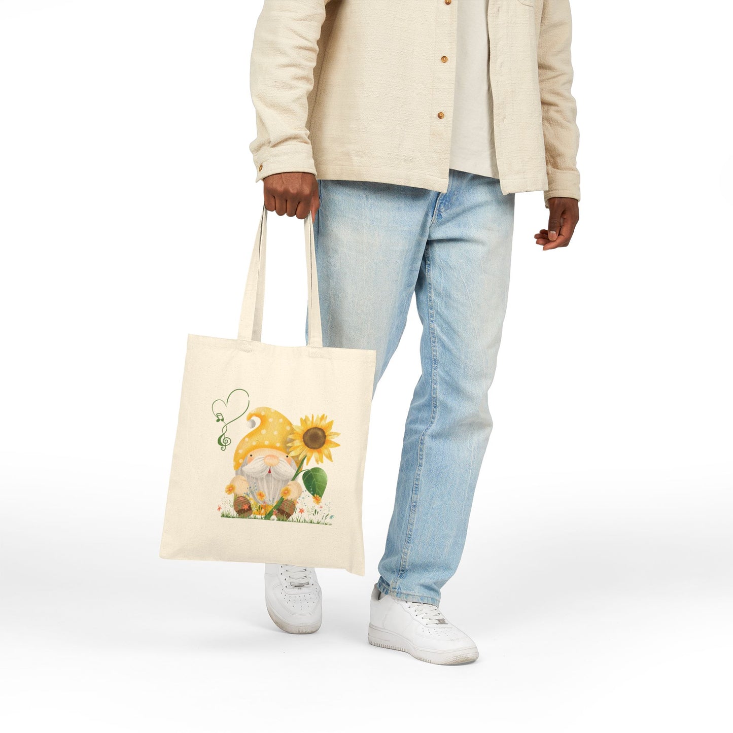 Radiant Sunflower Gnome Tote Bag: Carry Your Sunshine & Sweet Melodies (Natural & Black Canvas)