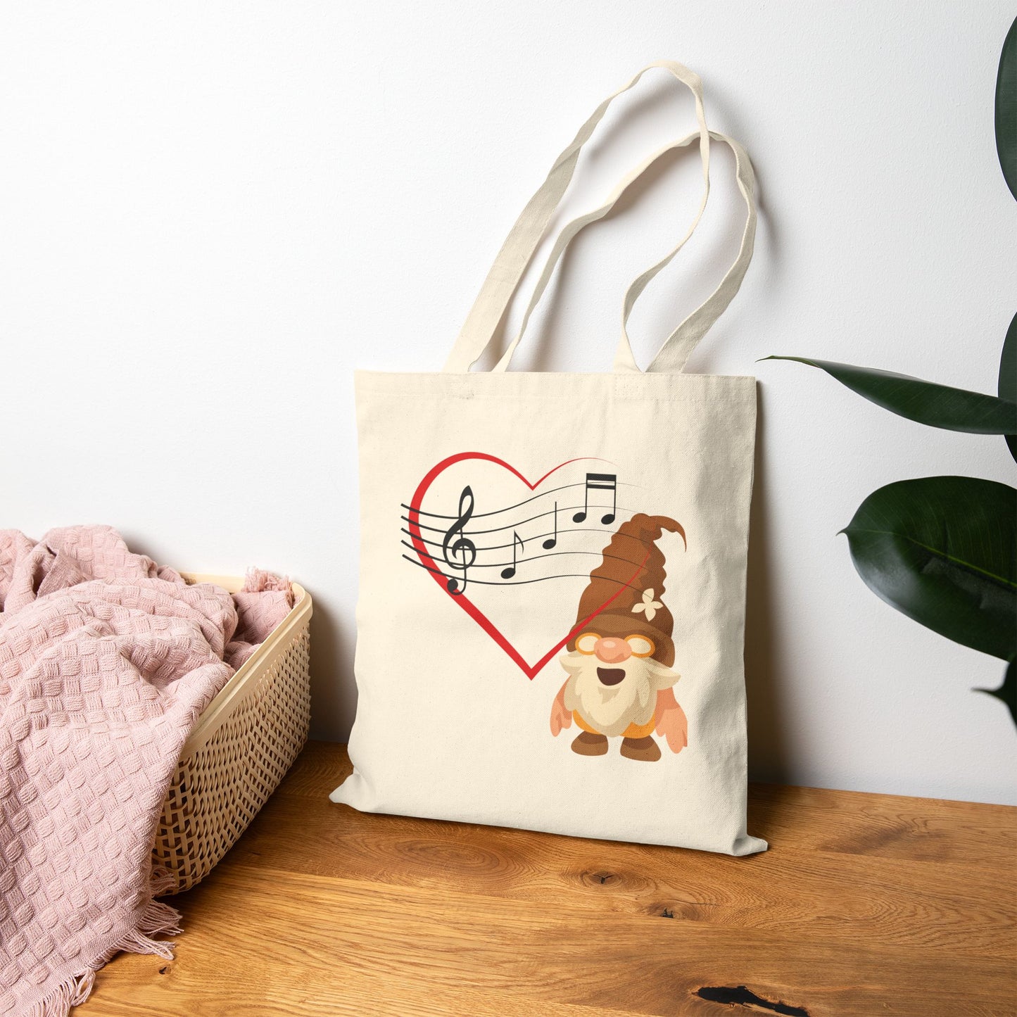 Harmonious Heart Gnome Music Tote Bag: Carry Your Love for Melodies (Natural & Black Canvas)