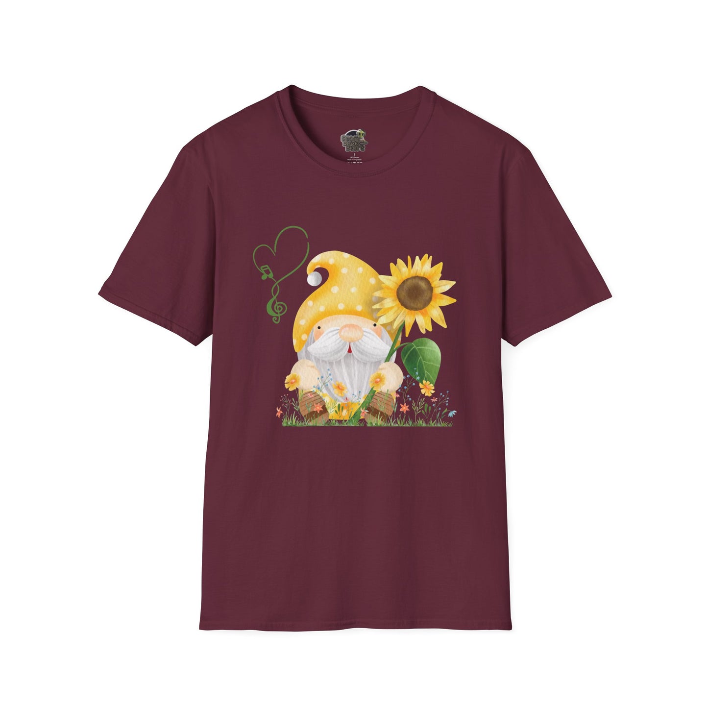 Gnome with Sunflower Unisex T-Shirt: Sunshine, Smiles & Secret Songs Maroon