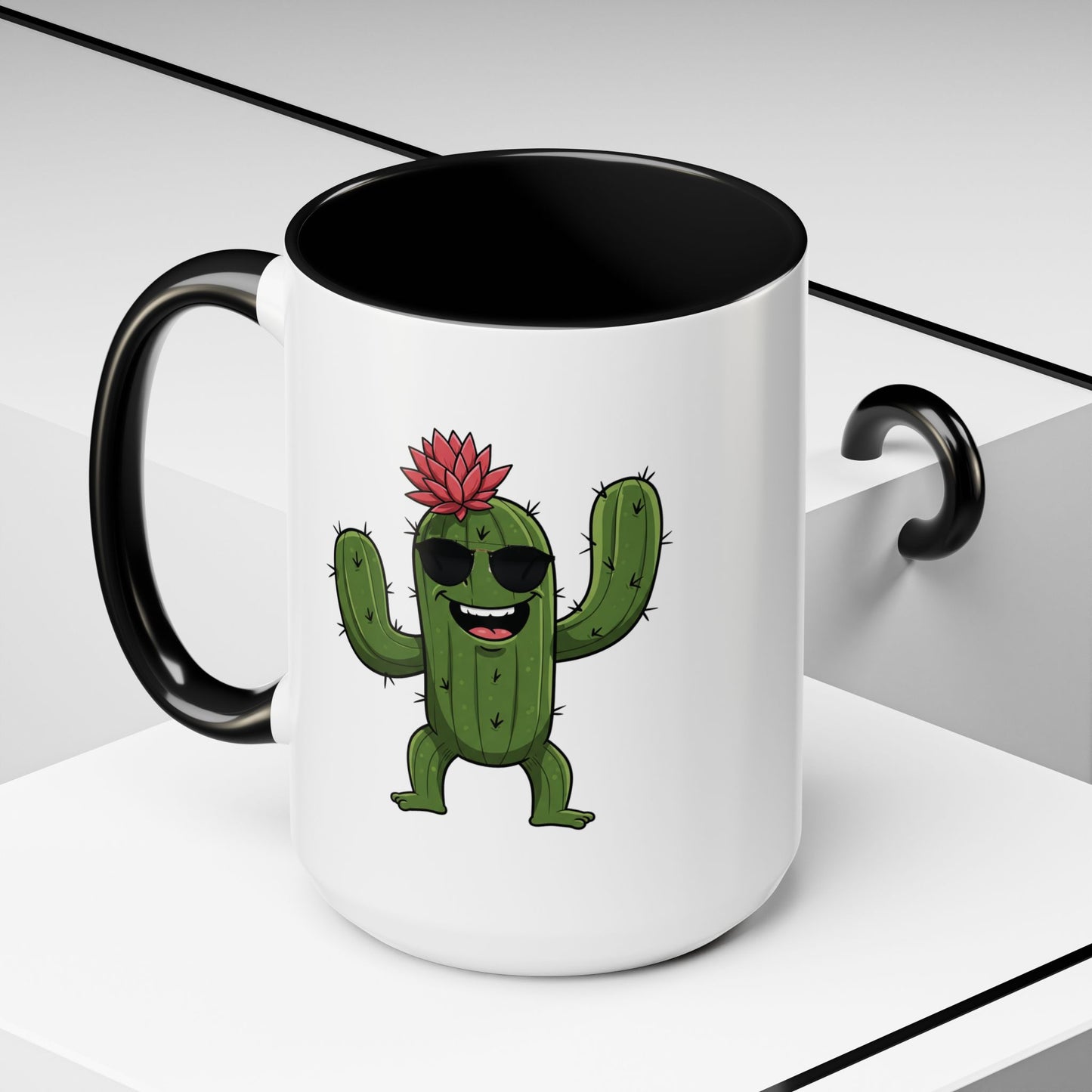 Cactus Mania Funny Cactus Mug with Sunglasses - Happy Ceramic Coffee Cup 15oz Black