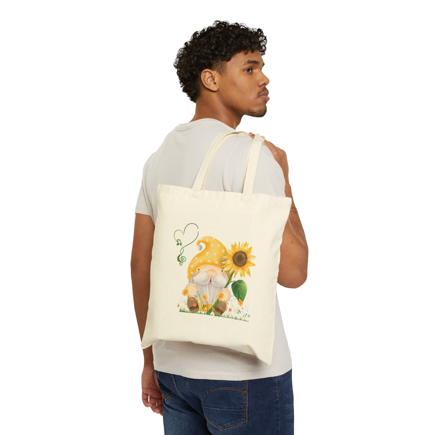 Radiant Sunflower Gnome Tote Bag: Carry Your Sunshine & Sweet Melodies (Natural & Black Canvas)