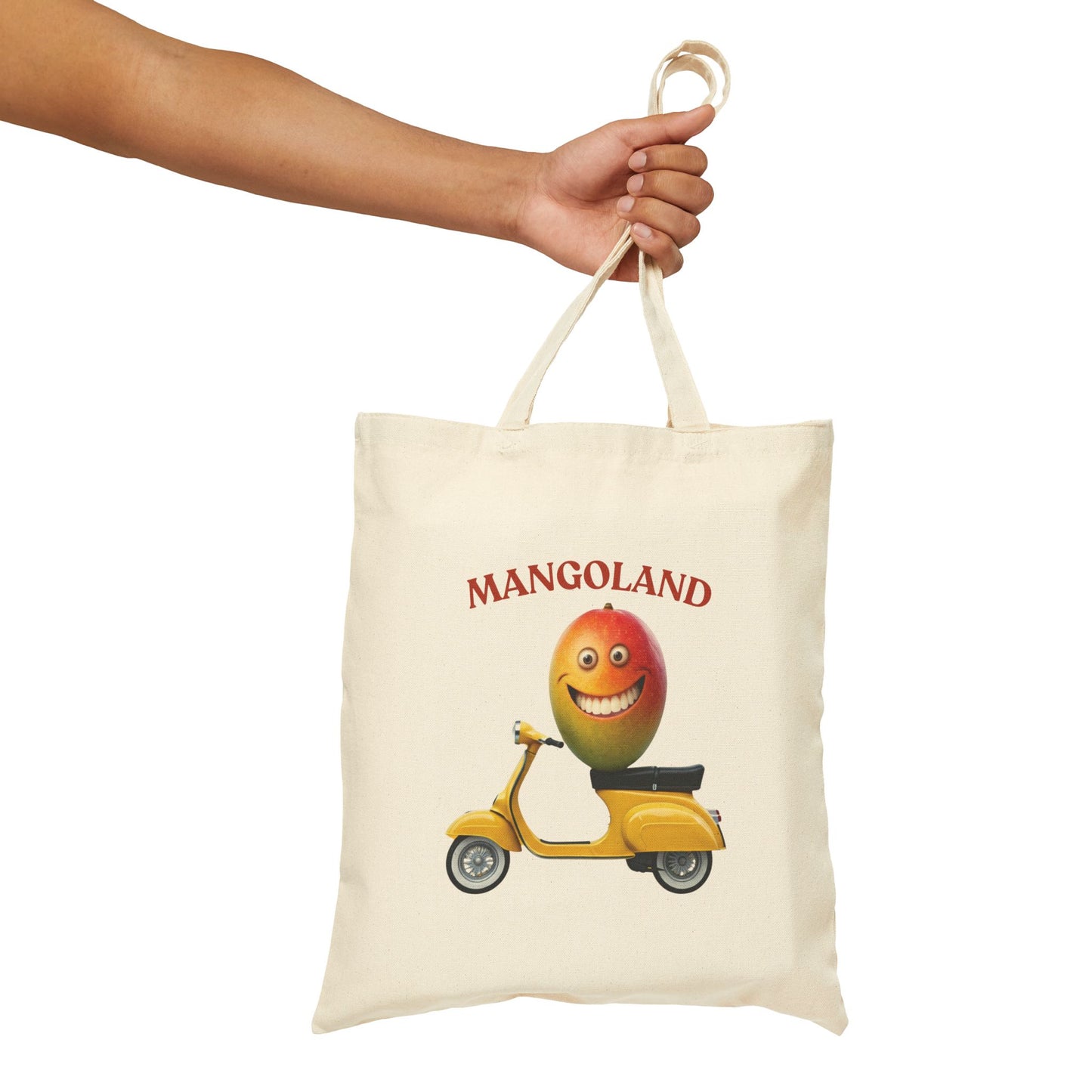 Mangoland Tote Bag: Funny Mango on Scooter Canvas Bag