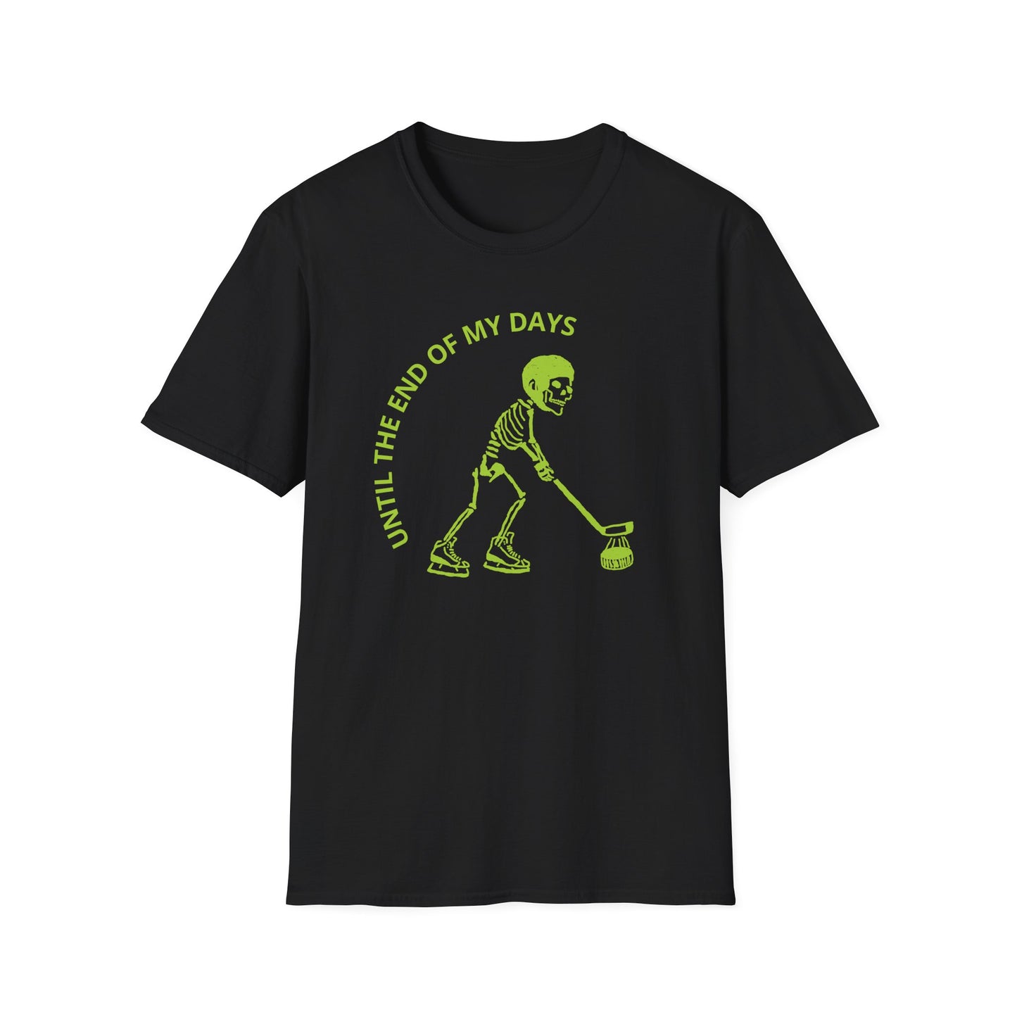 Hockey 'Til I Die: Skeleton fluo Hockey Player T-Shirt | Men's Short Sleeve Tee - Unisex Softstyle T-Shirt Black