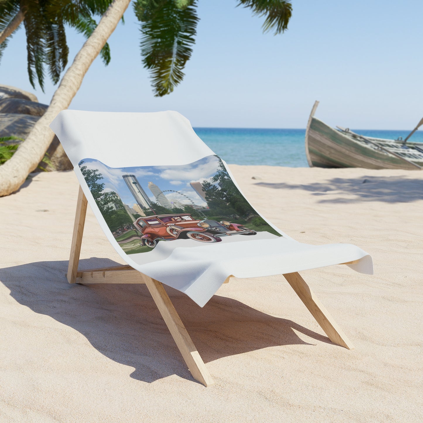 Ford Atlanta Skyliner Beach Towel: Relive 30s Cinema Charm & Classic Cars 30" × 60"