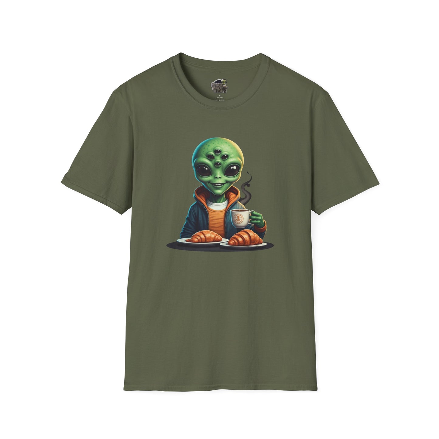 Military green alien making breakfast unisex t-shirt