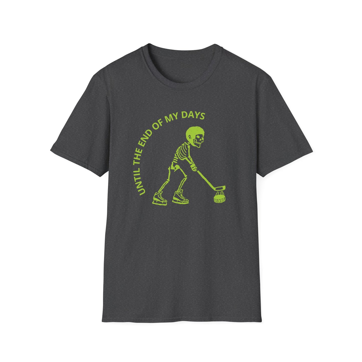 Hockey 'Til I Die: Skeleton fluo Hockey Player T-Shirt | Men's Short Sleeve Tee - Unisex Softstyle T-Shirt Dark Heather