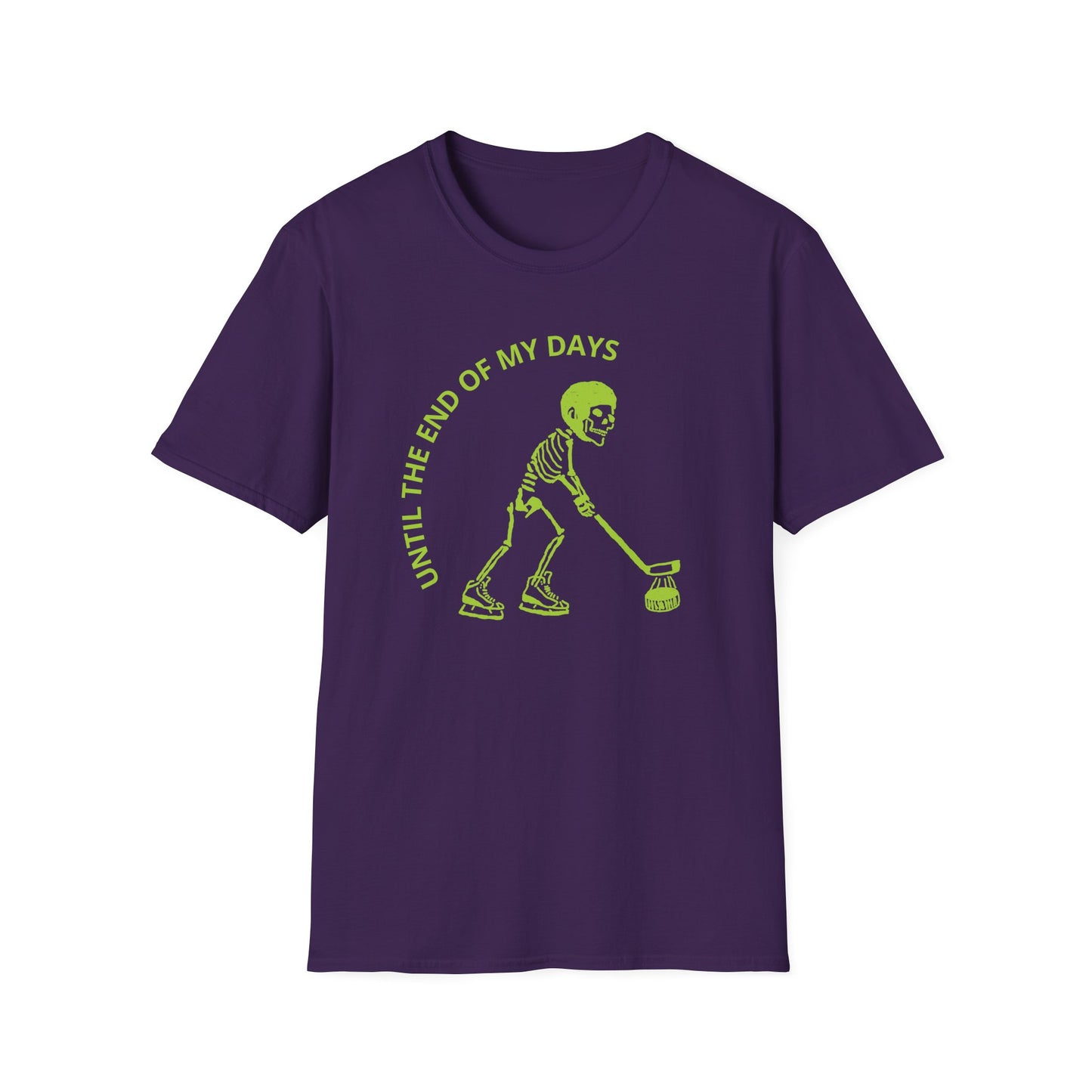 Hockey 'Til I Die: Skeleton fluo Hockey Player T-Shirt | Men's Short Sleeve Tee - Unisex Softstyle T-Shirt Purple
