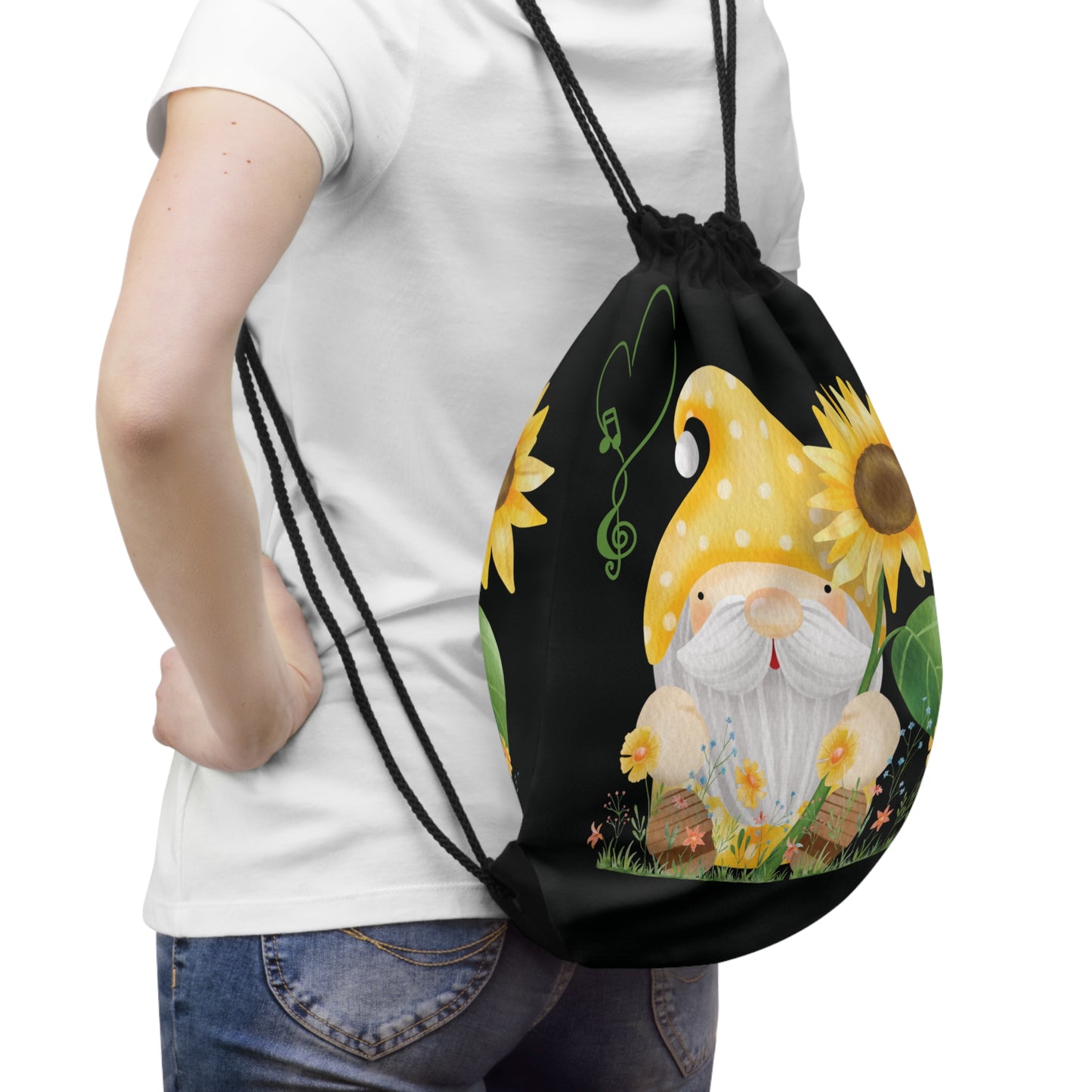 Sunny Sunflower Gnome Drawstring Bag: Whimsical Design for Garden & Music Lovers