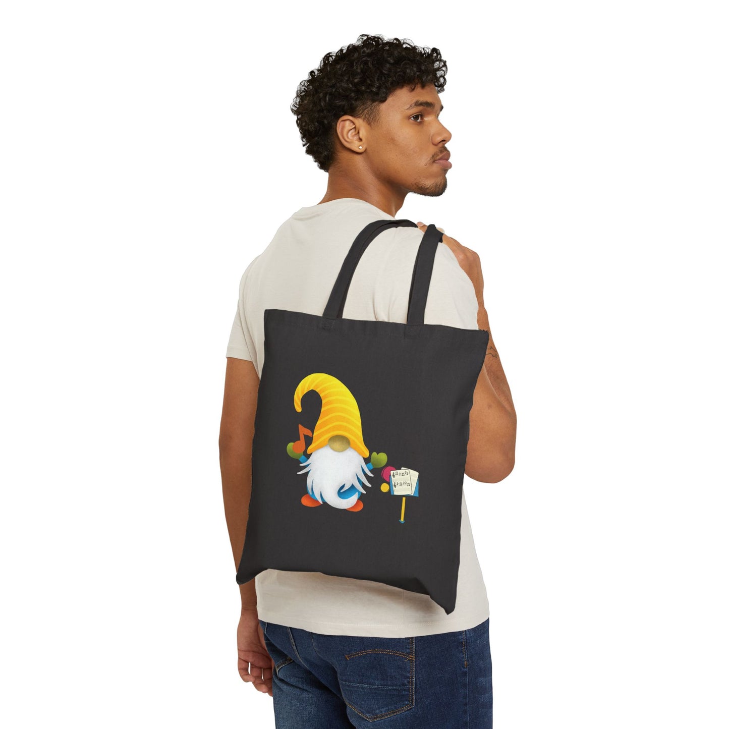 Melodious Gnome Music Stand Tote Bag: Carry Your Harmony & Whimsy (Natural & Black Canvas) Black 15" x 16"