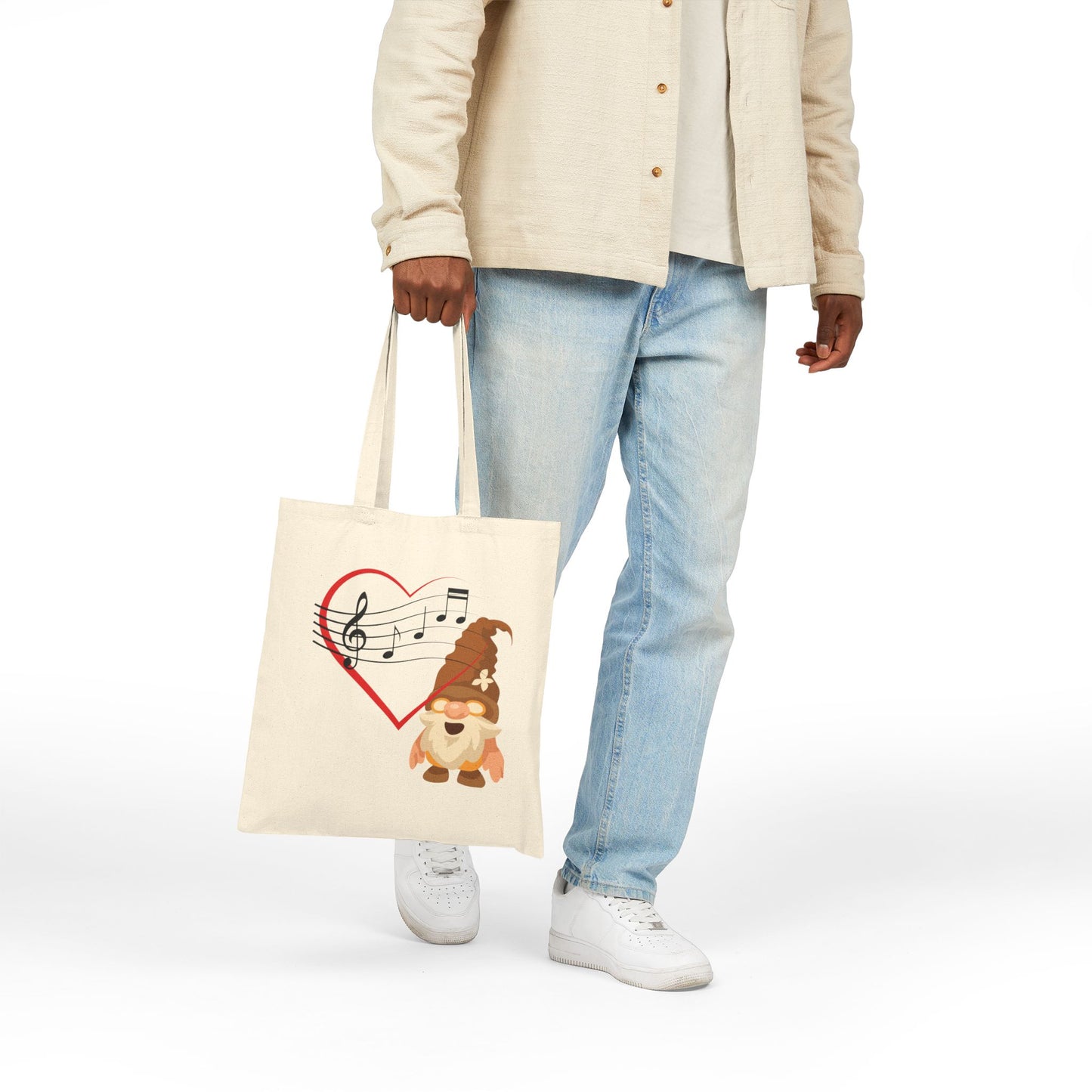 Harmonious Heart Gnome Music Tote Bag: Carry Your Love for Melodies (Natural & Black Canvas)