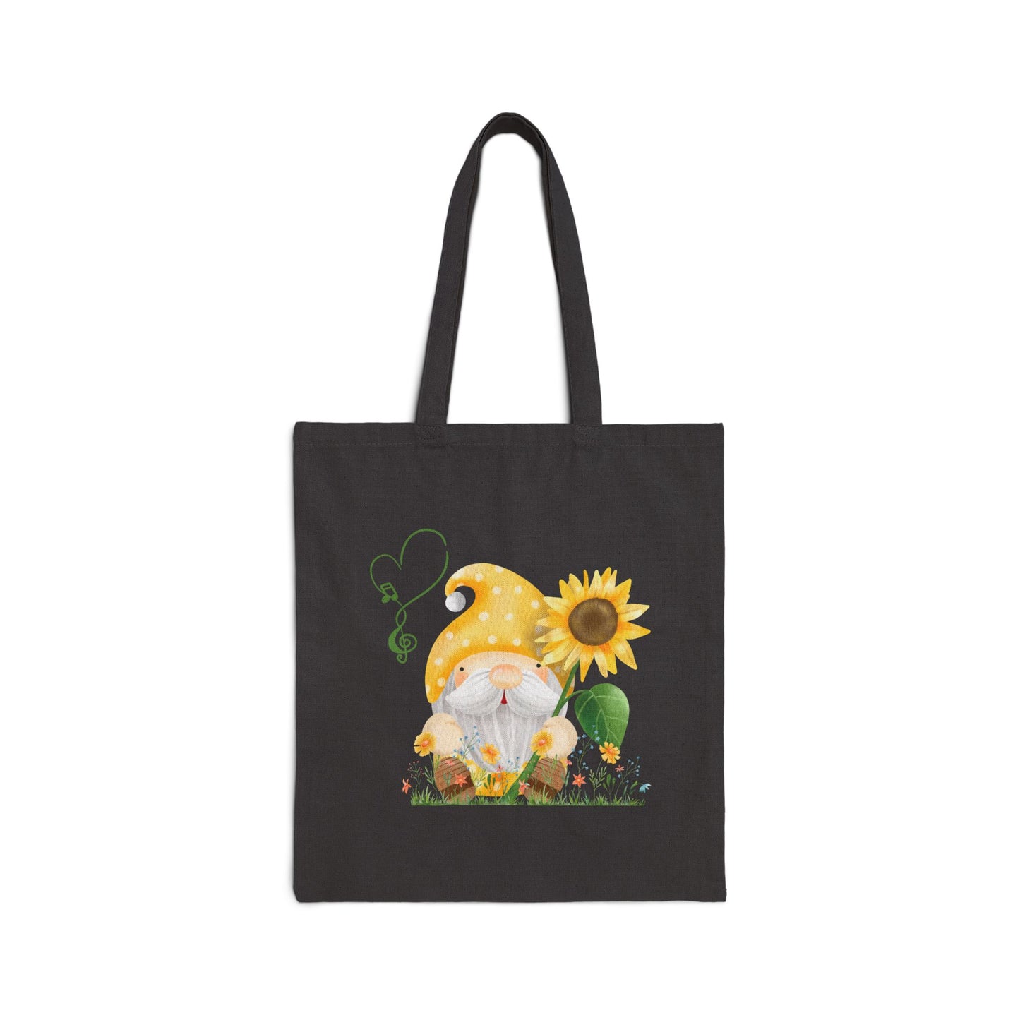 Radiant Sunflower Gnome Tote Bag: Carry Your Sunshine & Sweet Melodies (Natural & Black Canvas)