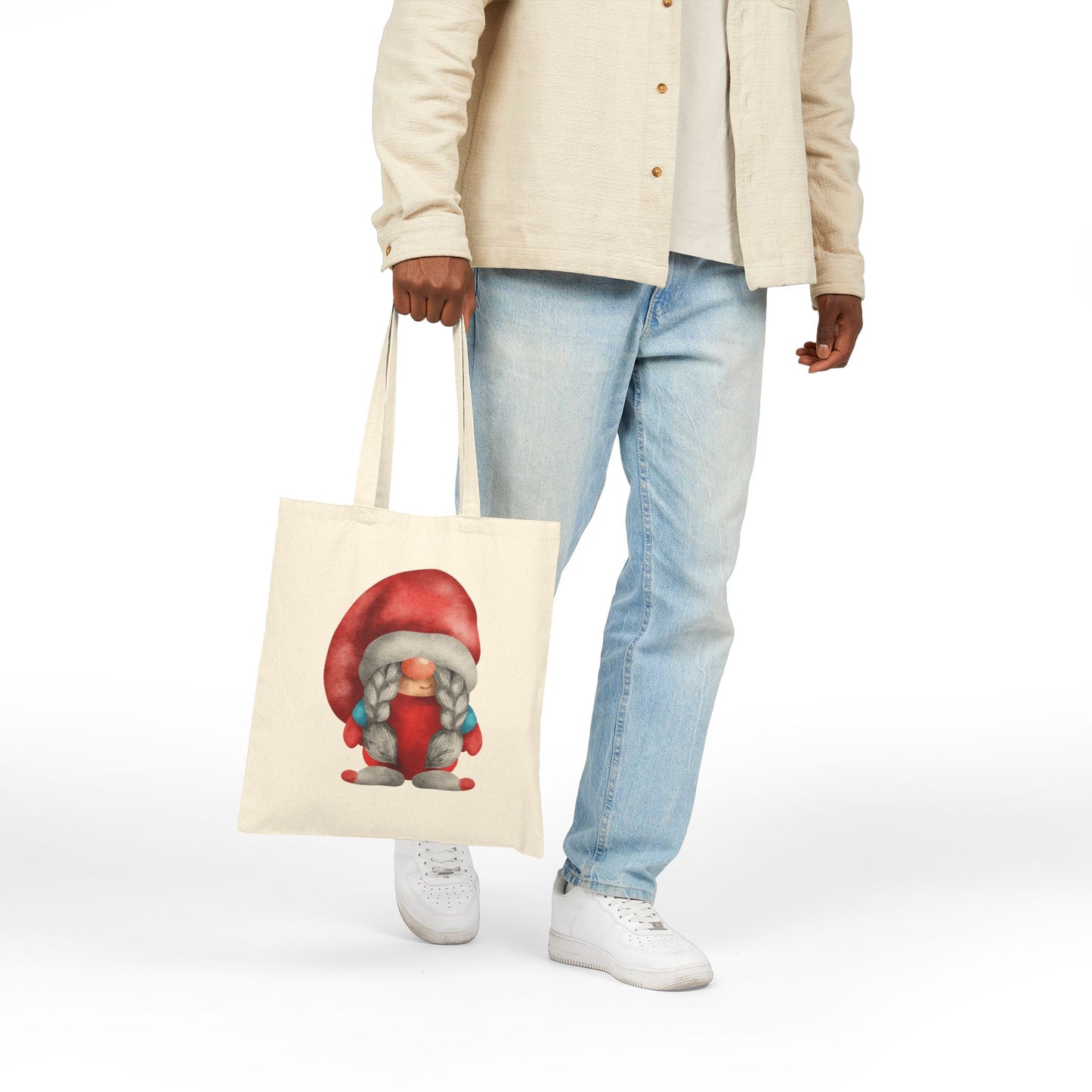 Whimsical Red Braided Gnome Tote Bag: Carry Your Melodies & Magic (Natural & Black Canvas)
