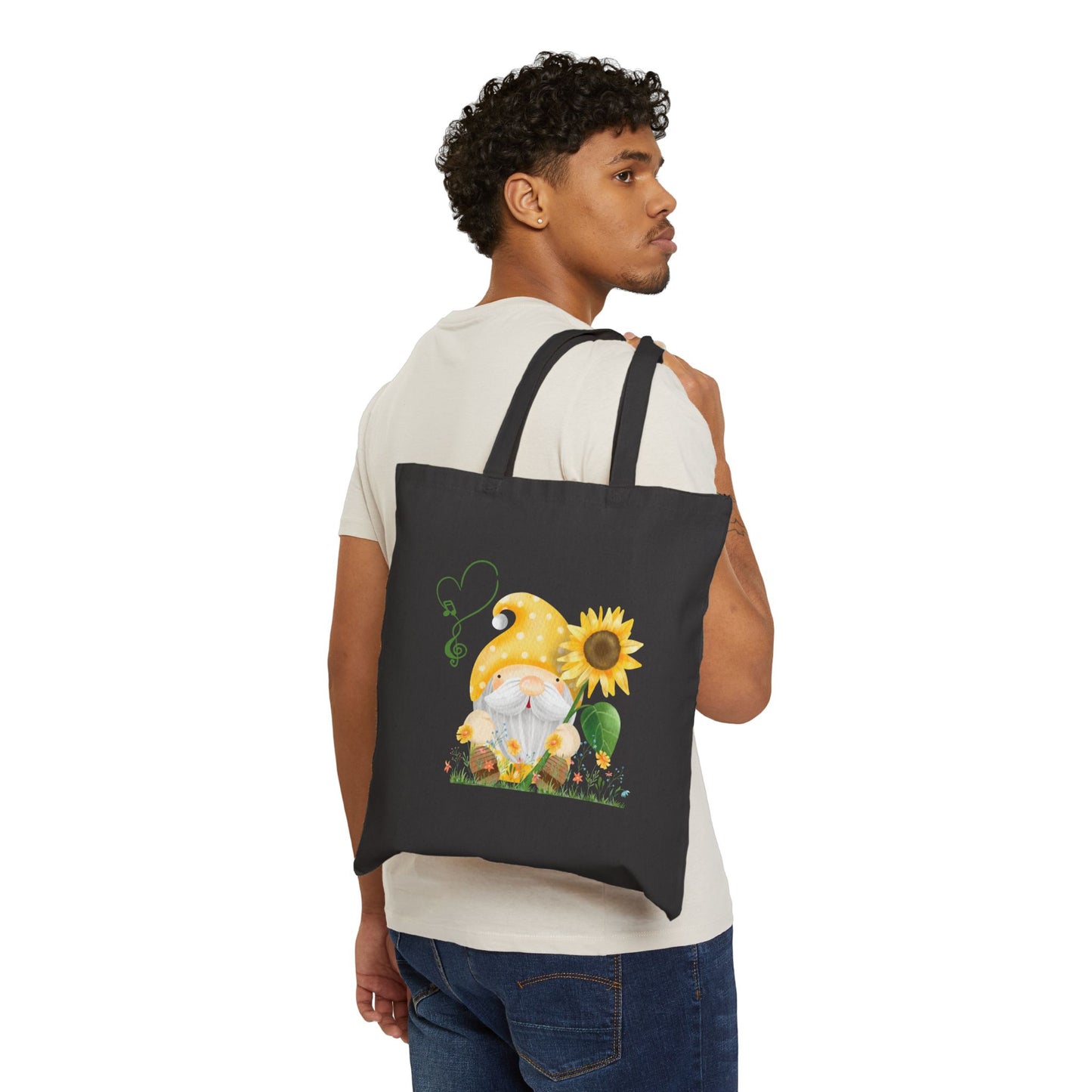 Radiant Sunflower Gnome Tote Bag: Carry Your Sunshine & Sweet Melodies (Natural & Black Canvas) Black 15" x 16"