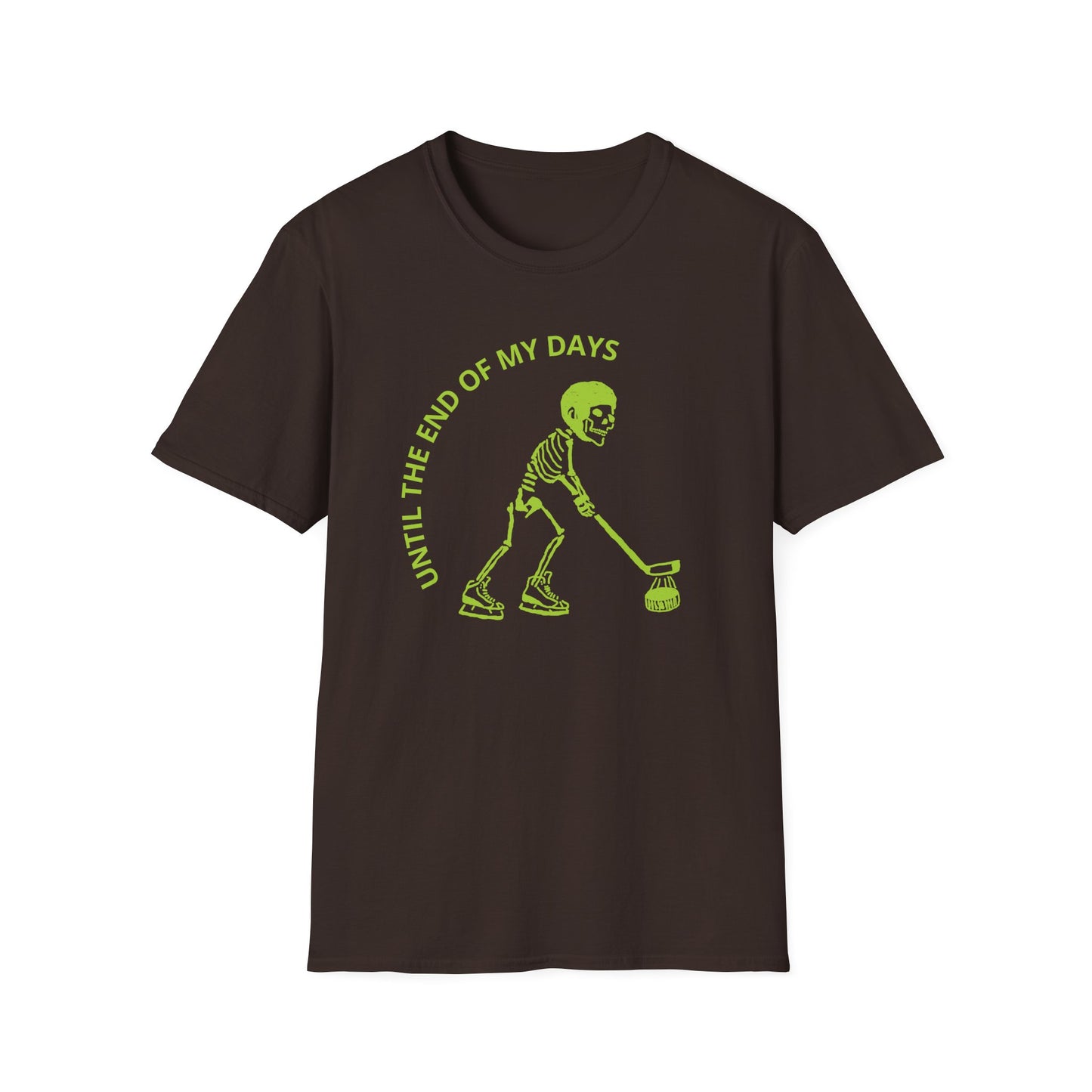 Hockey 'Til I Die: Skeleton fluo Hockey Player T-Shirt | Men's Short Sleeve Tee - Unisex Softstyle T-Shirt Dark Chocolate