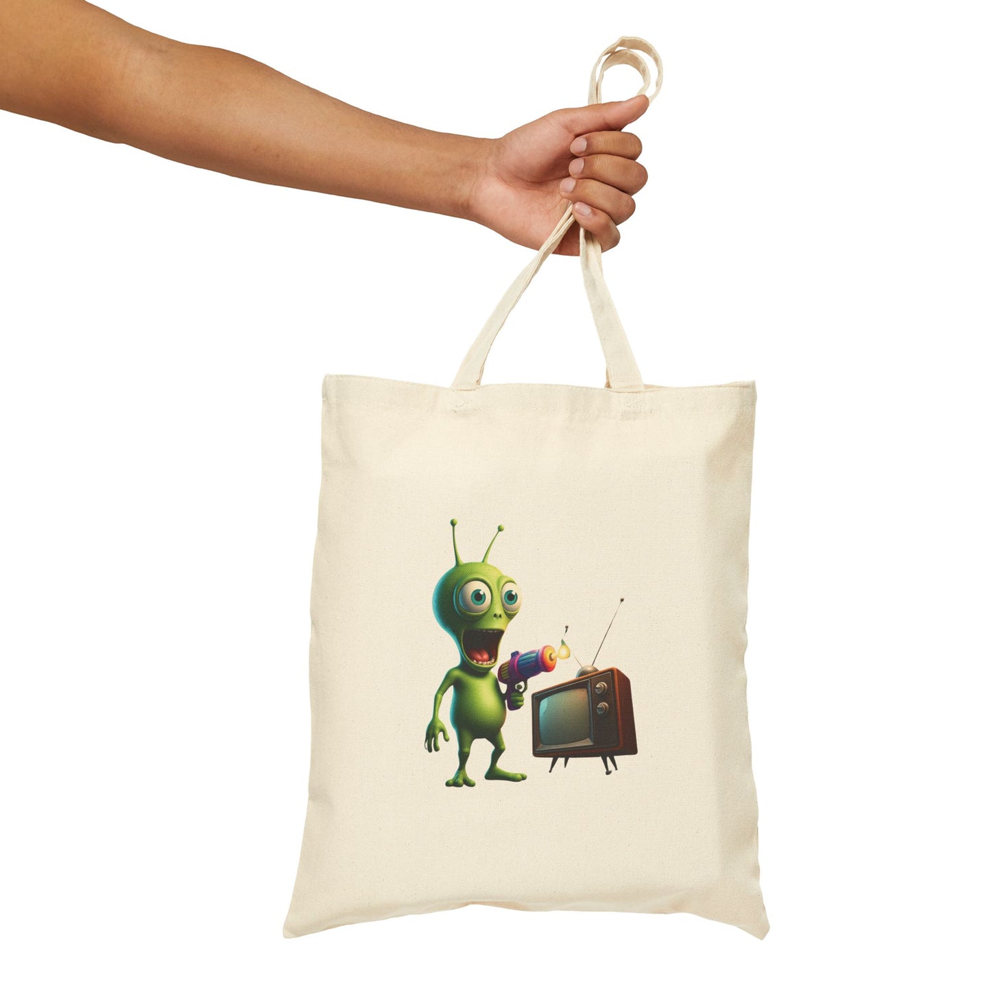Beam Me Up! Alien Graphic Tote Bag - Eco-Friendly & Unique Natural 15" x 16"