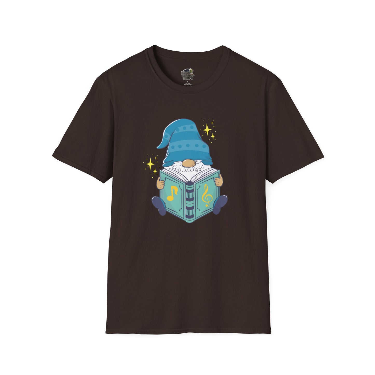 Mystical Book-Reading Gnome Unisex T-Shirt: Stories & Sparkle Dark Chocolate