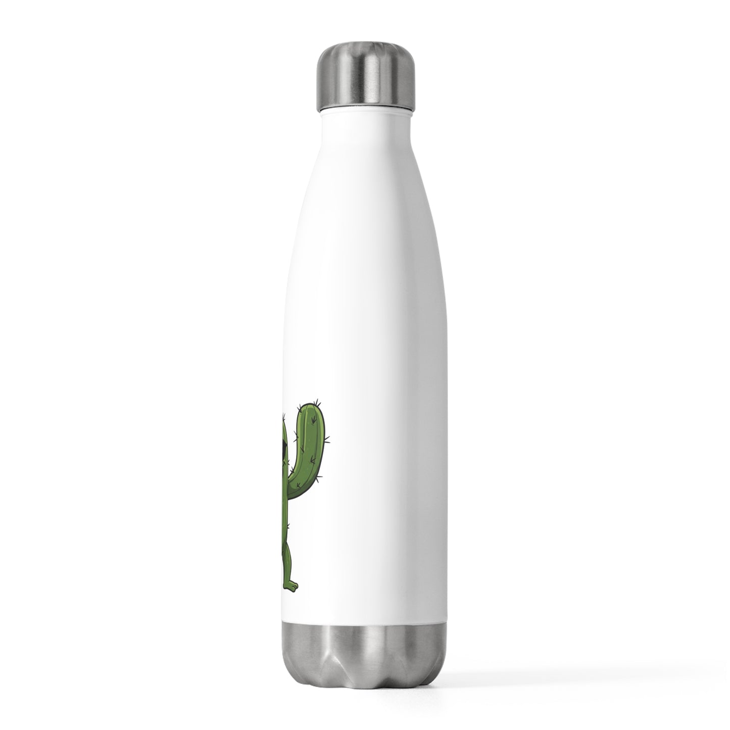 The original "Cactus Mania" insultate stainless steel bottle featuring a detail of a playful cartoon cactus wearing sunglasses and a flower on its head.