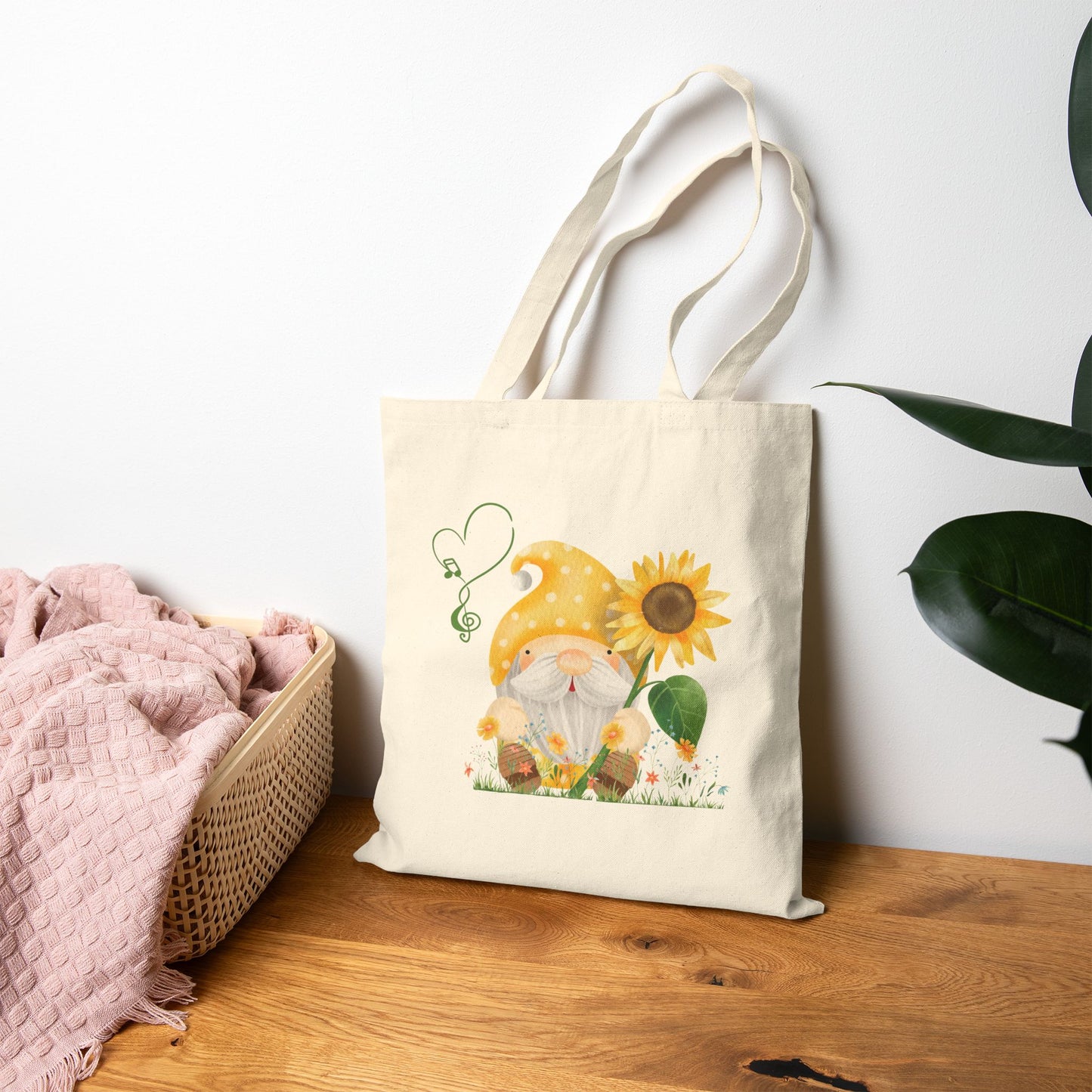 Radiant Sunflower Gnome Tote Bag: Carry Your Sunshine & Sweet Melodies (Natural & Black Canvas)