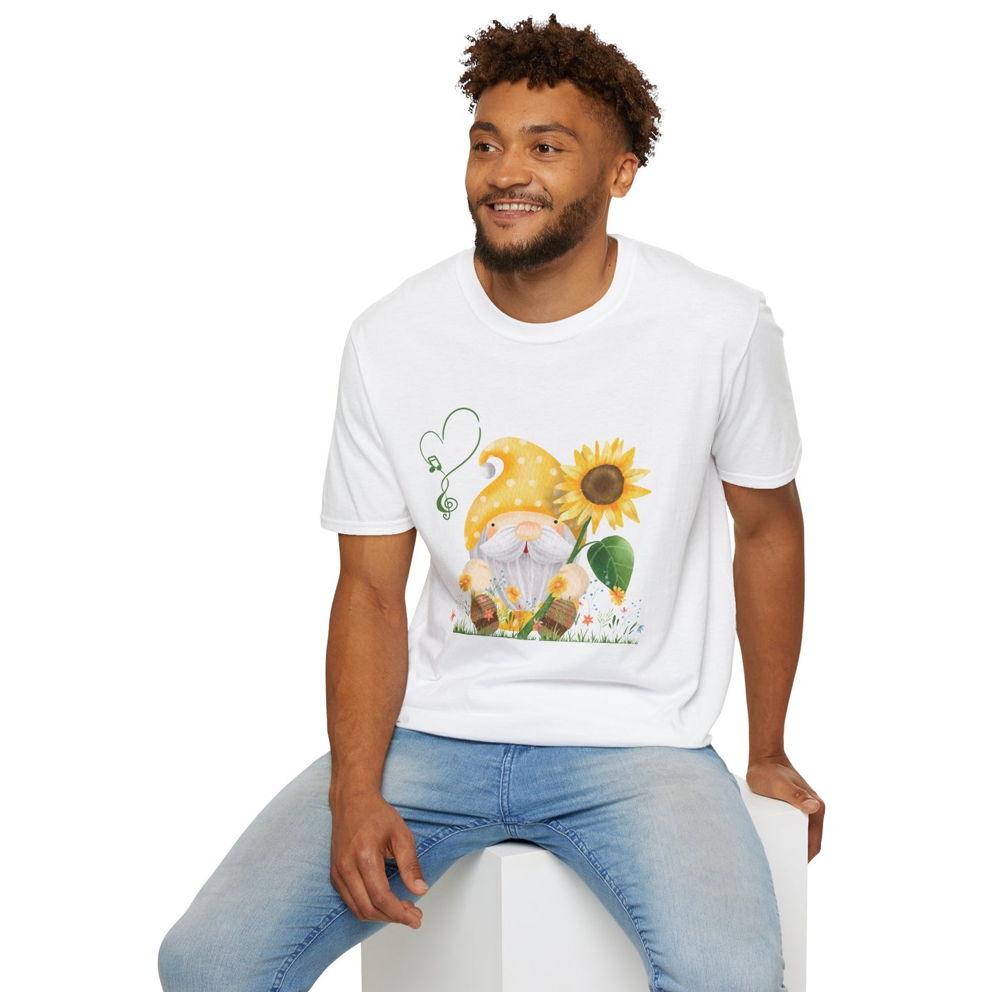 Gnome with Sunflower Unisex T-Shirt: Sunshine, Smiles & Secret Songs White