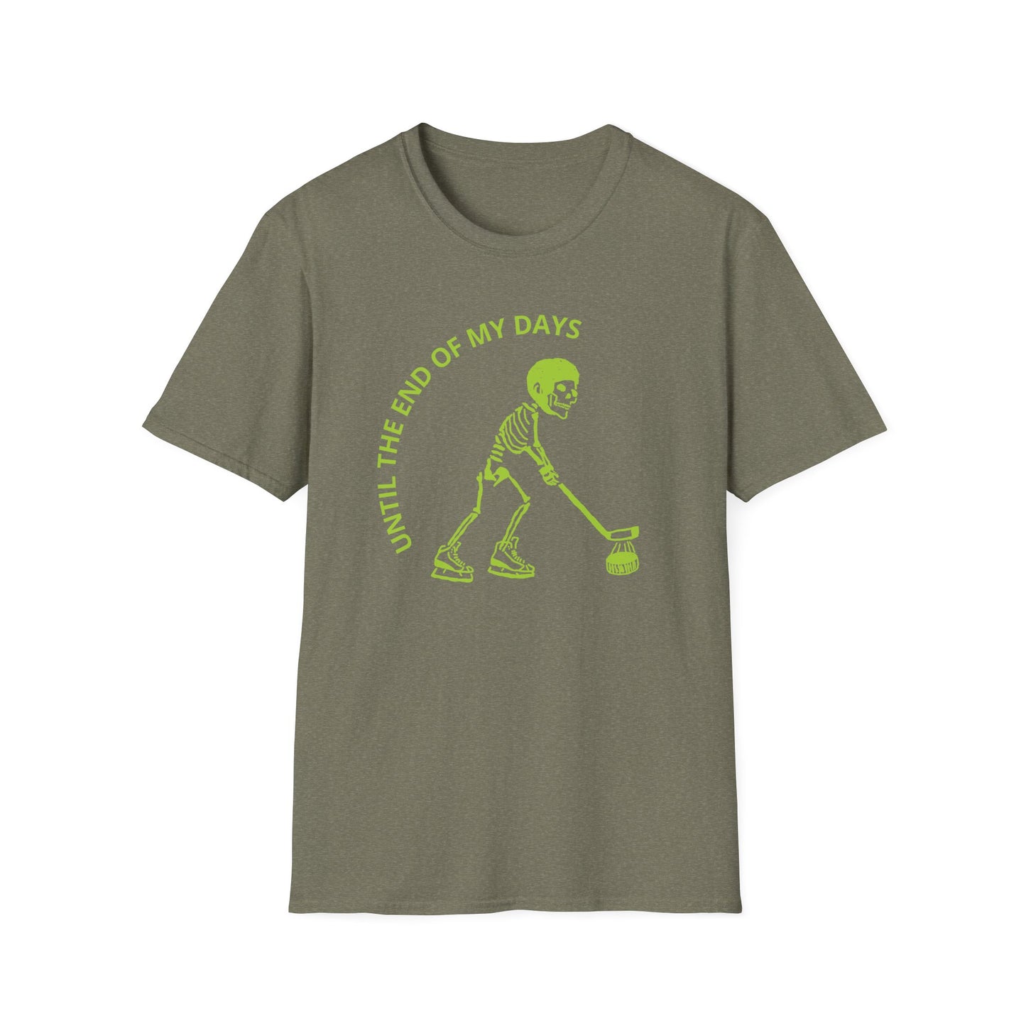Hockey 'Til I Die: Skeleton fluo Hockey Player T-Shirt | Men's Short Sleeve Tee - Unisex Softstyle T-Shirt Heather Military Green