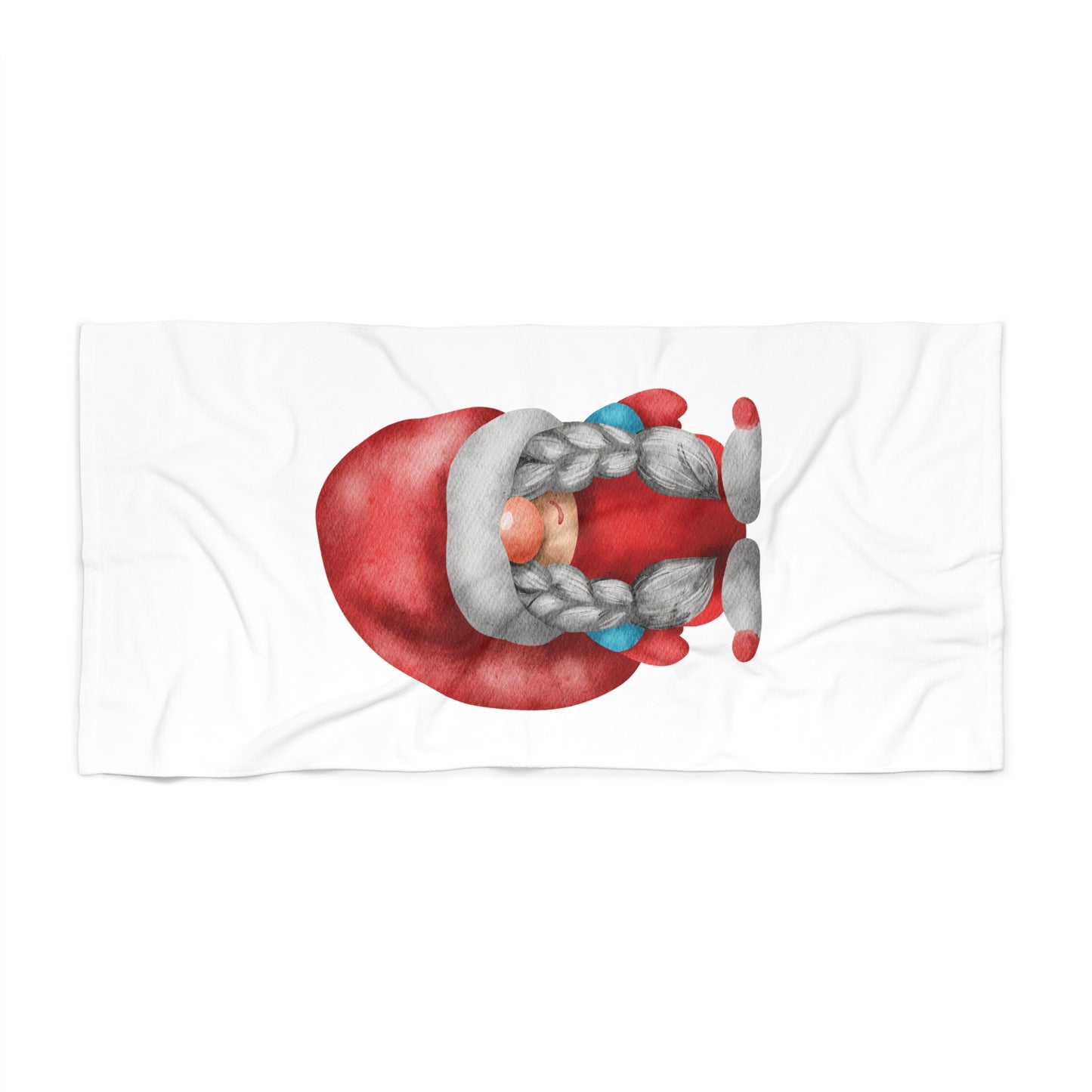 Adorable red-hatted gnome with long grey braids and colorful musical notes floating beside it on a beach towel.