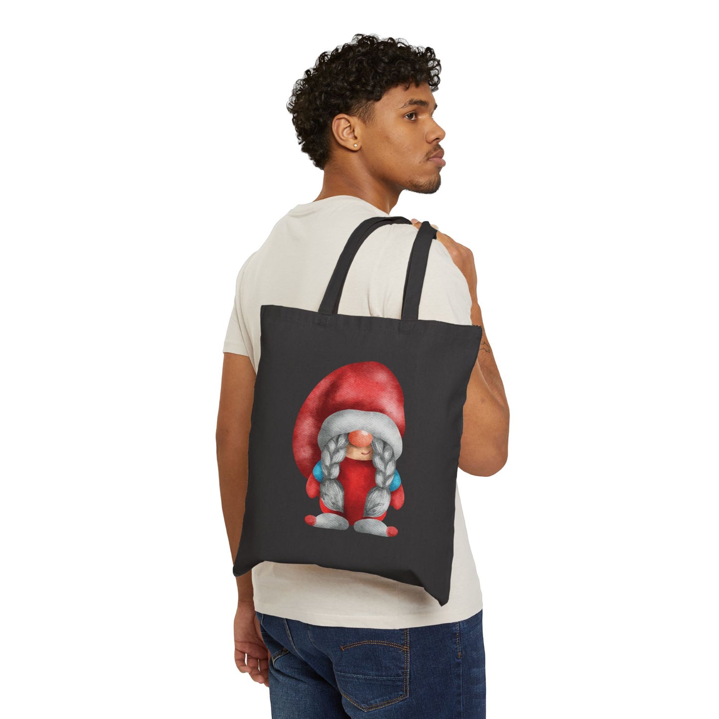 Whimsical Red Braided Gnome Tote Bag: Carry Your Melodies & Magic (Natural & Black Canvas) Black 15" x 16"