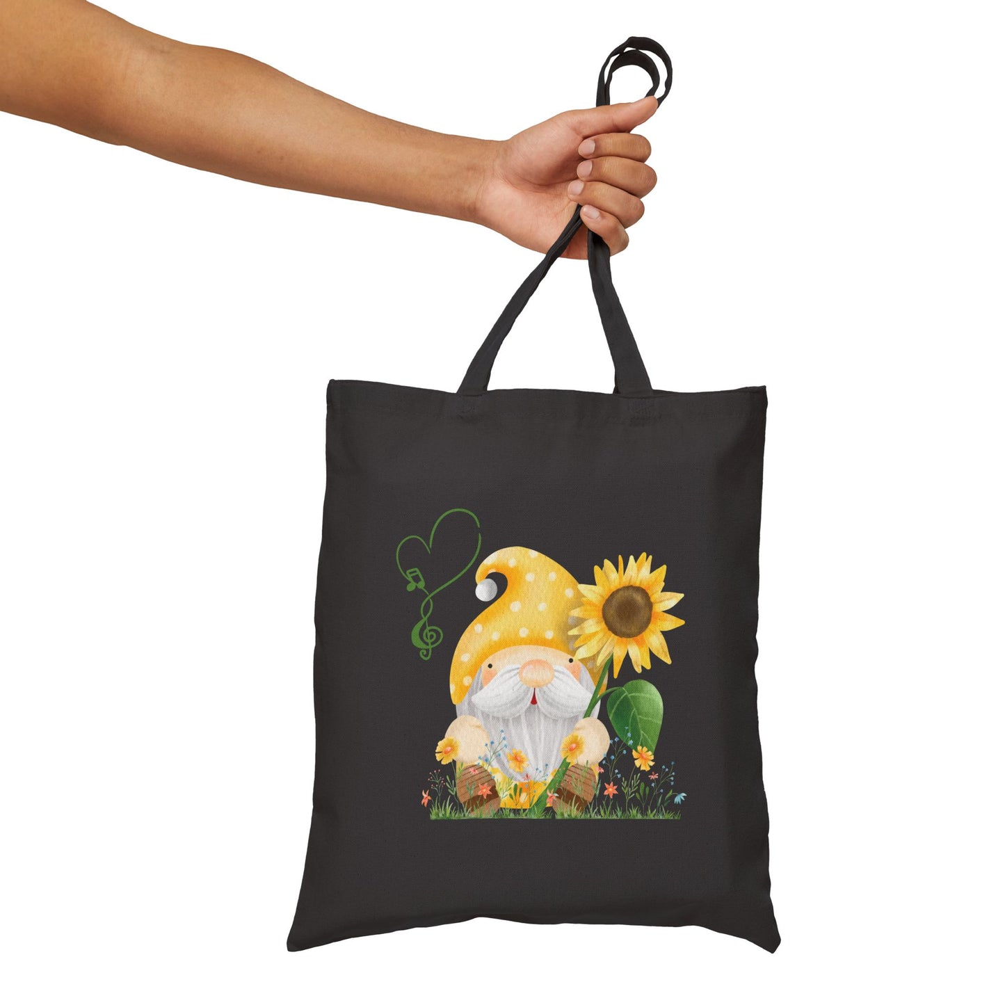 Radiant Sunflower Gnome Tote Bag: Carry Your Sunshine & Sweet Melodies (Natural & Black Canvas)