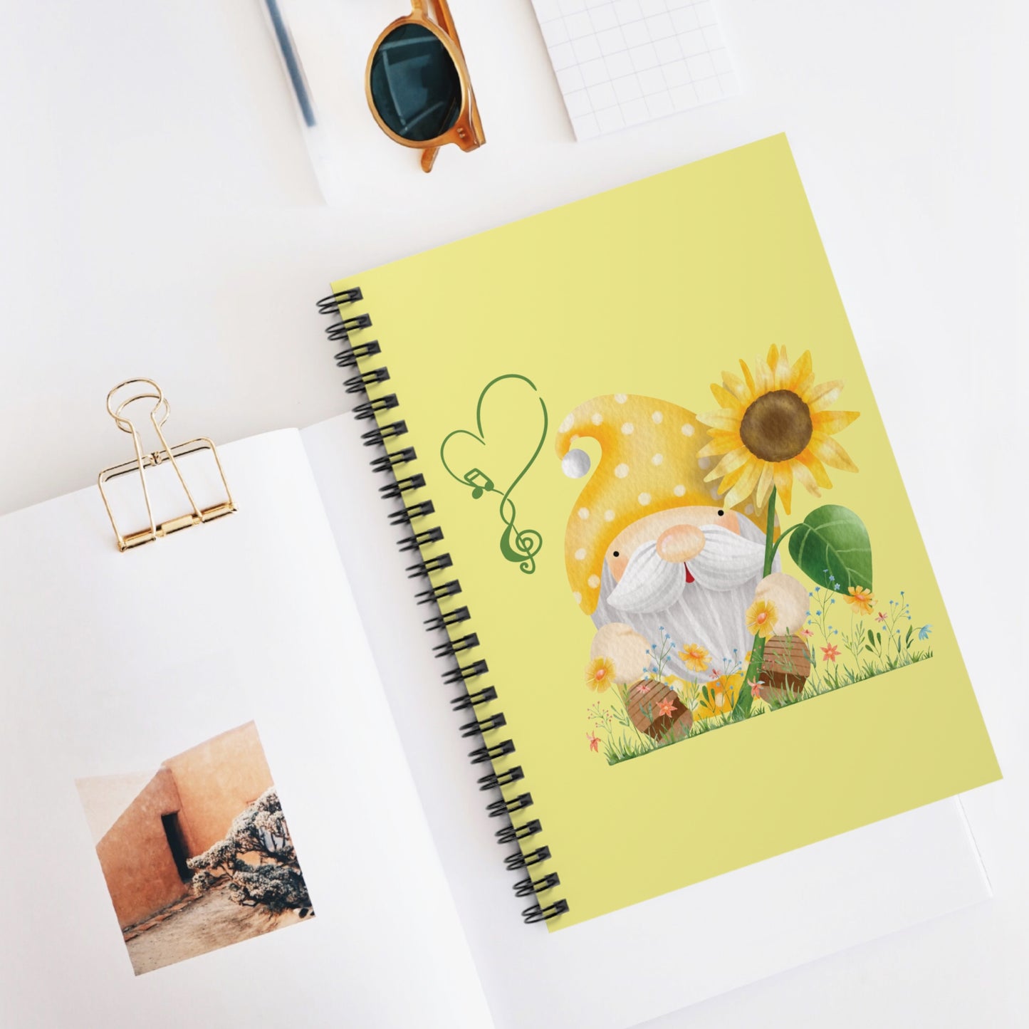 Cheerful Gnome with Sunflower Spiral Notebook - Spring/Summer Ruled Journal - Nature Stationery Gift