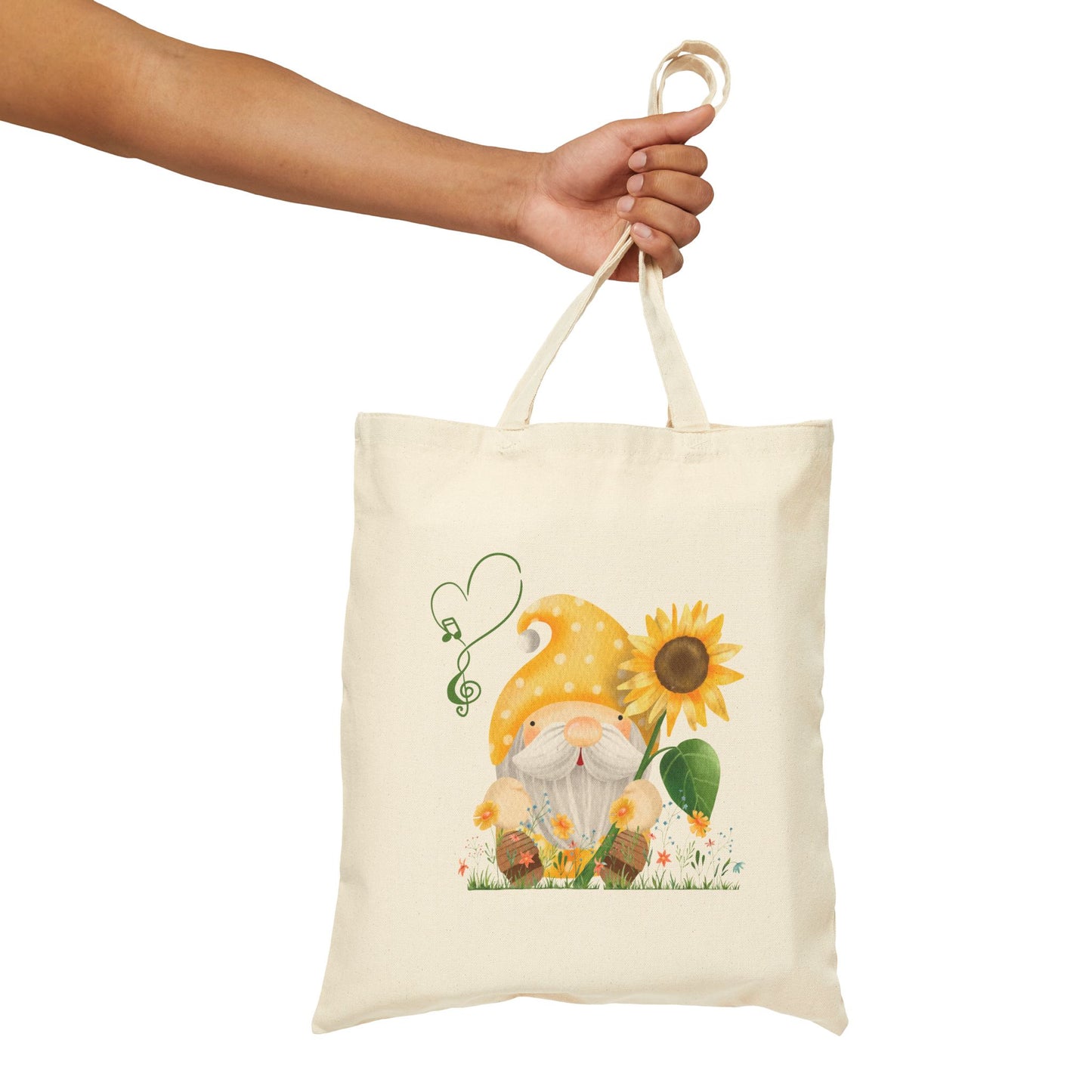Radiant Sunflower Gnome Tote Bag: Carry Your Sunshine & Sweet Melodies (Natural & Black Canvas)