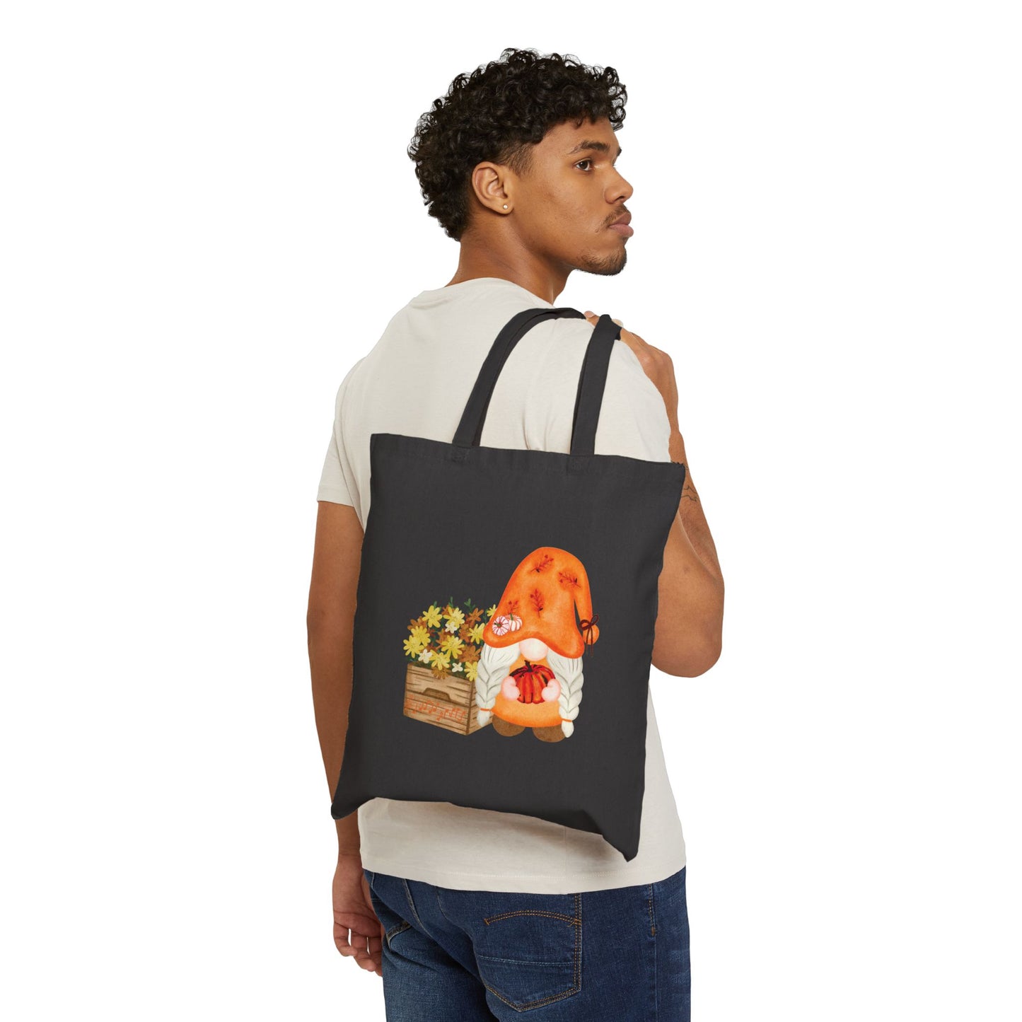 Enchanting Autumn Gnome Tote Bag: Carry Your Fall Magic & Melodies (Natural & Black Canvas) Black 15" x 16"