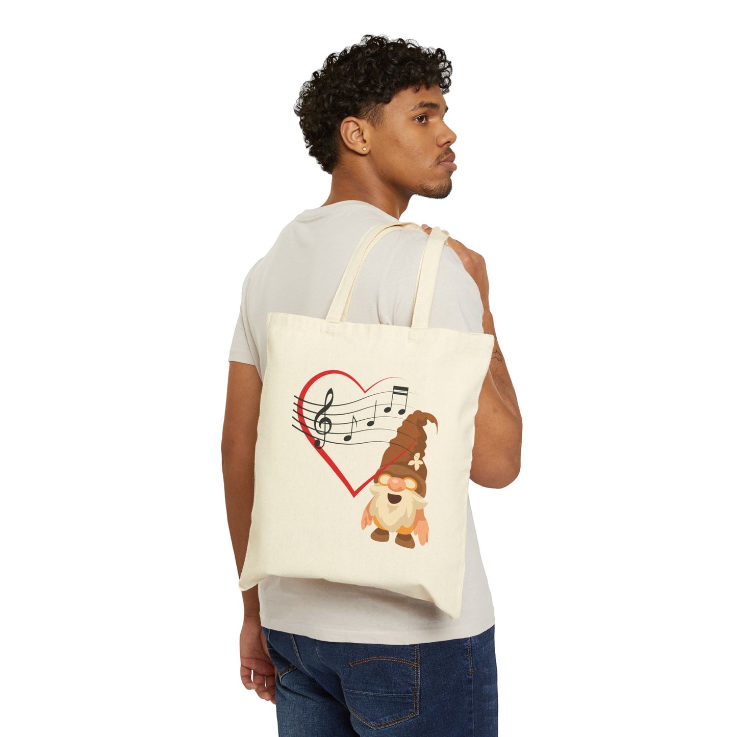 Harmonious Heart Gnome Music Tote Bag: Carry Your Love for Melodies (Natural & Black Canvas)