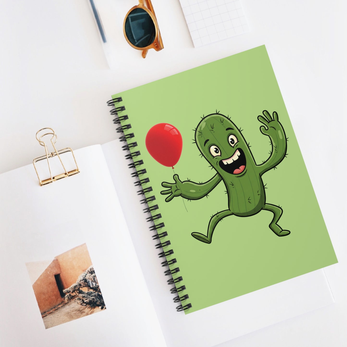 Cactus with Red Balloon Spiral Notebook | Unique Minimalist Journal & Cute Plant Lover Gift