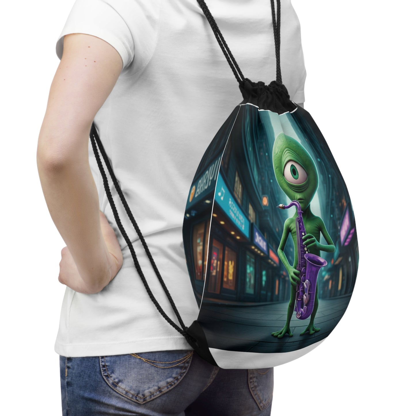 Alien Vibes Drawstring Bag: Fun Saxophone Alien Backpack - Perfect Gift for Music & Sci-Fi Fans!