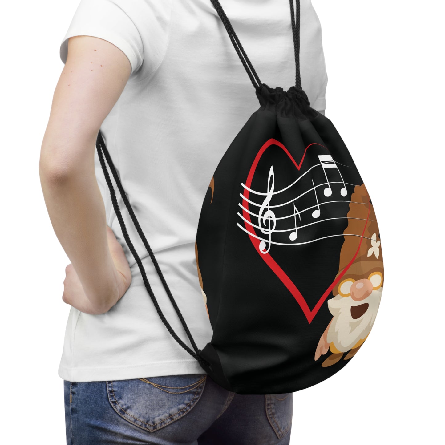 Heartfelt Melodies Drawstring Bag: Whimsical Gnome & Music Design