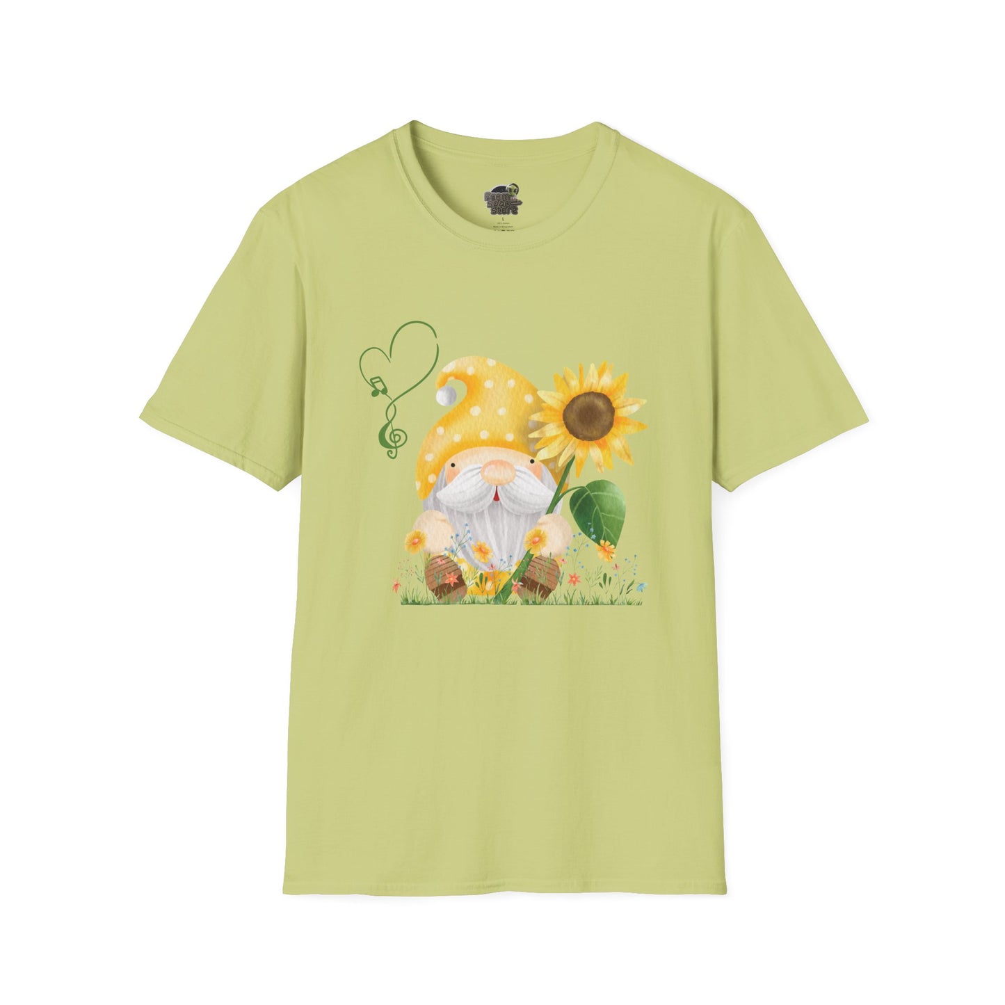 Gnome with Sunflower Unisex T-Shirt: Sunshine, Smiles & Secret Songs Pistachio