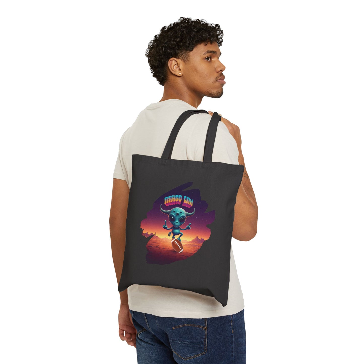 Quirky Alien Football Player Tote Bag | Funny Game Day Canvas Gift