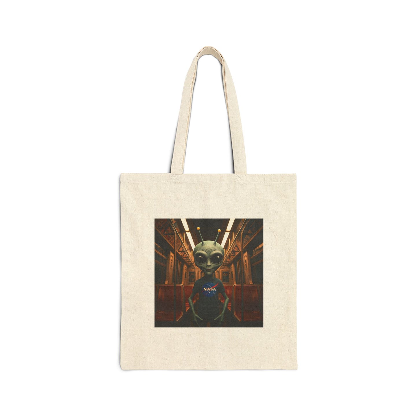 Alien in Subway Tote Bag: Urban Adventure on Canvas - Funny & Quirky City Life Gift for Travelers & Explorers