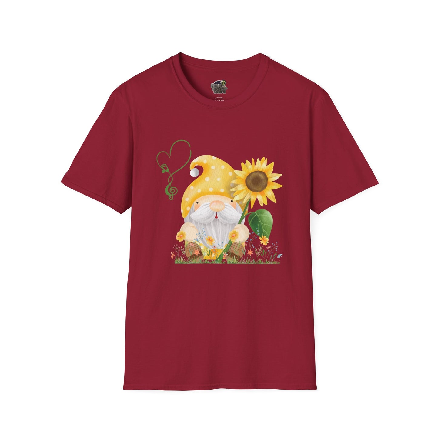 Gnome with Sunflower Unisex T-Shirt: Sunshine, Smiles & Secret Songs Cardinal Red