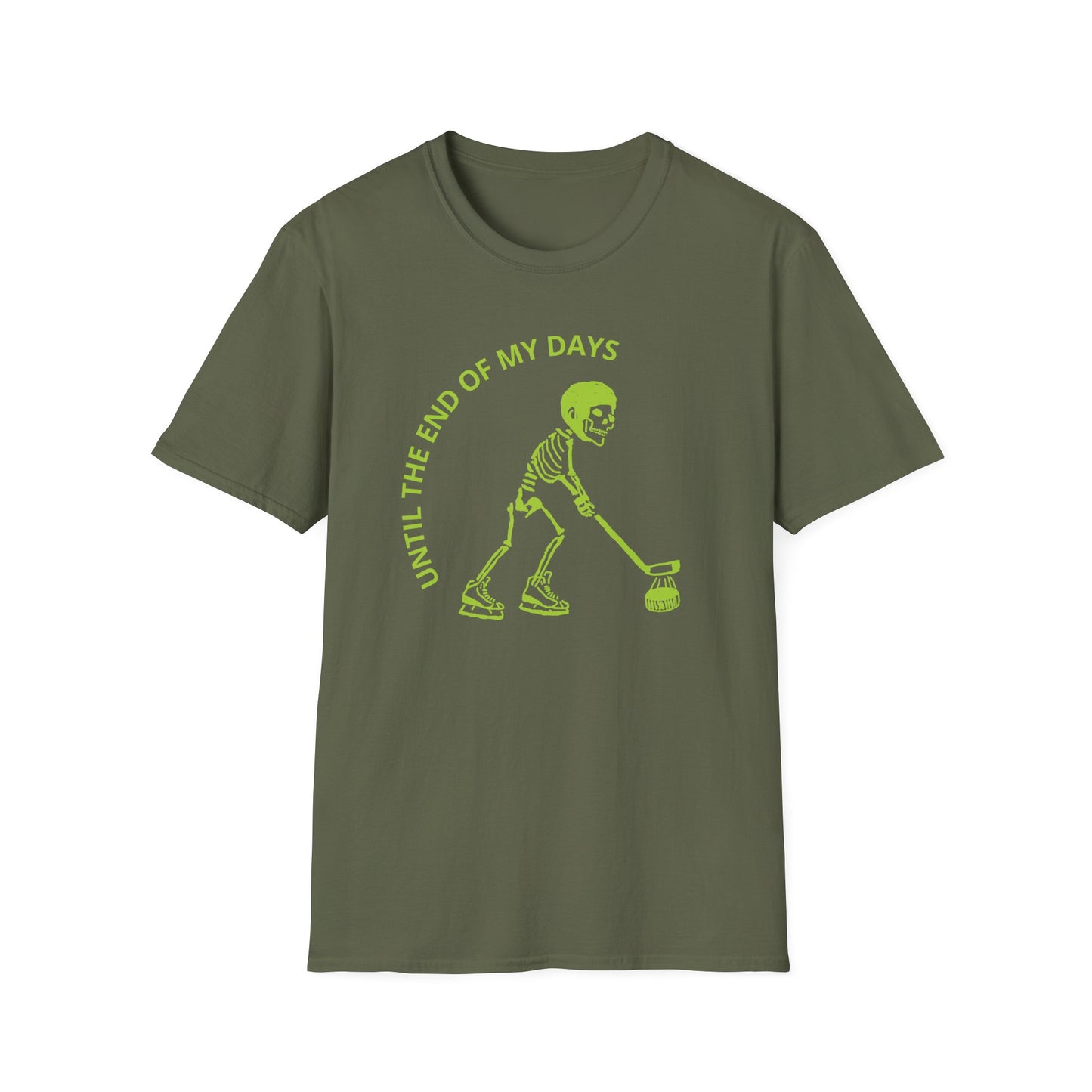 Hockey 'Til I Die: Skeleton fluo Hockey Player T-Shirt | Men's Short Sleeve Tee - Unisex Softstyle T-Shirt Military Green