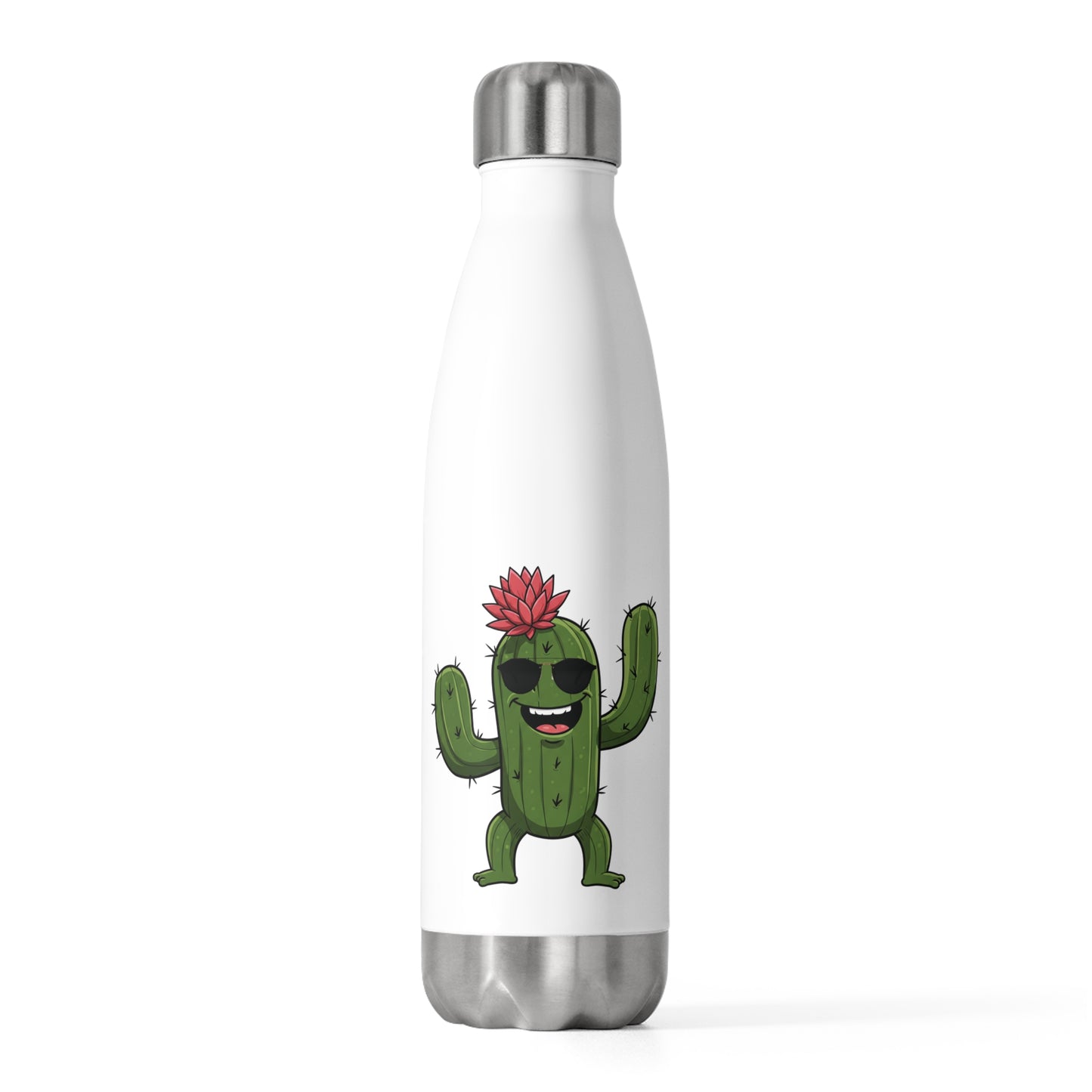 A unique "Cactus Mania" insultate stainless steel bottle featuring a playful cartoon cactus wearing sunglasses and a flower on its head.