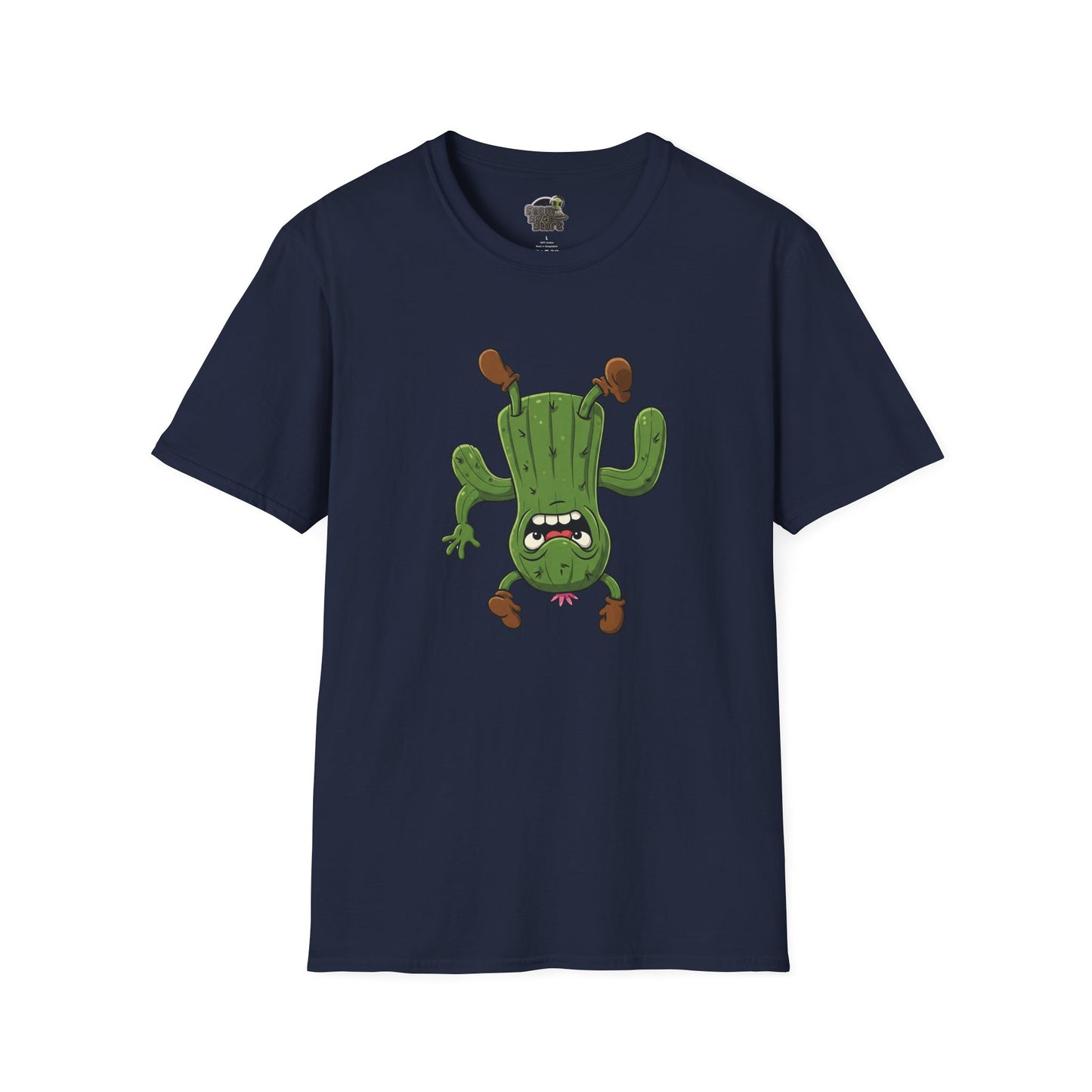 Shocked Cactus T-Shirt: Funky Upside-Down Cactus Tee | Organic Cotton Unisex Graphic Shirt Navy