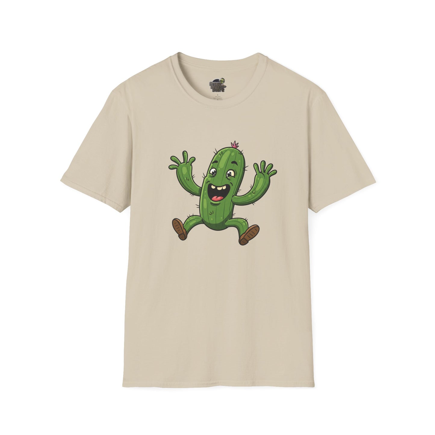 Happy Jumping Cactus T-Shirt: Dynamic & Joyful Organic Cotton Tee | Cactus Mania Sand