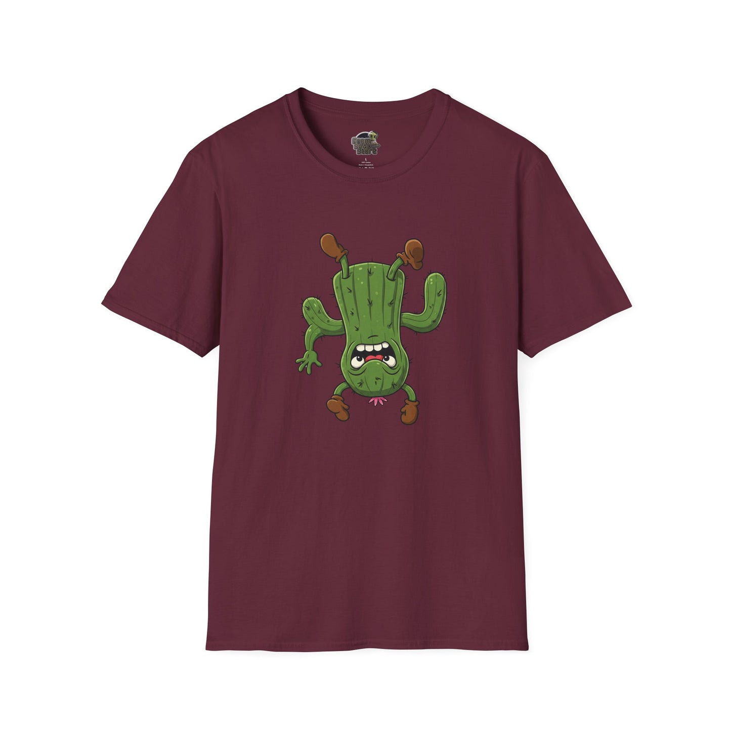 Shocked Cactus T-Shirt: Funky Upside-Down Cactus Tee | Organic Cotton Unisex Graphic Shirt Maroon