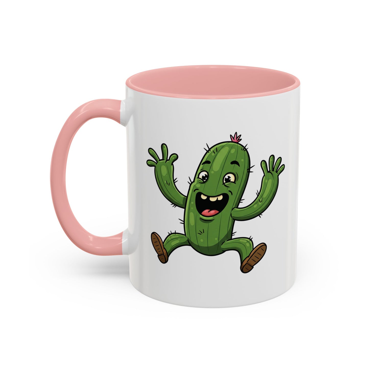 Cactus Mania Happy Jumping Cactus Mug - Cheerful Ceramic Coffee Cup 11oz Pink