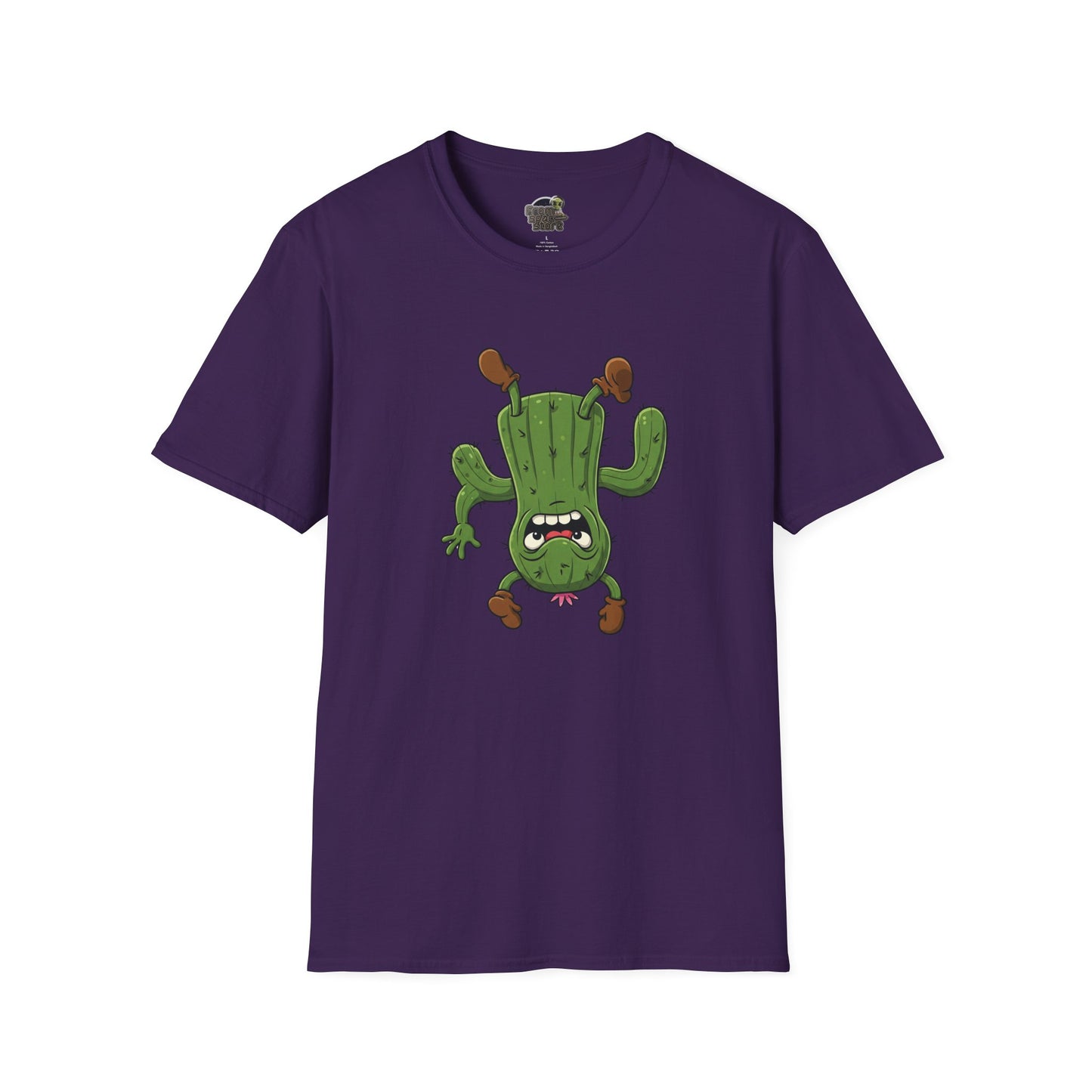 Shocked Cactus T-Shirt: Funky Upside-Down Cactus Tee | Organic Cotton Unisex Graphic Shirt Purple