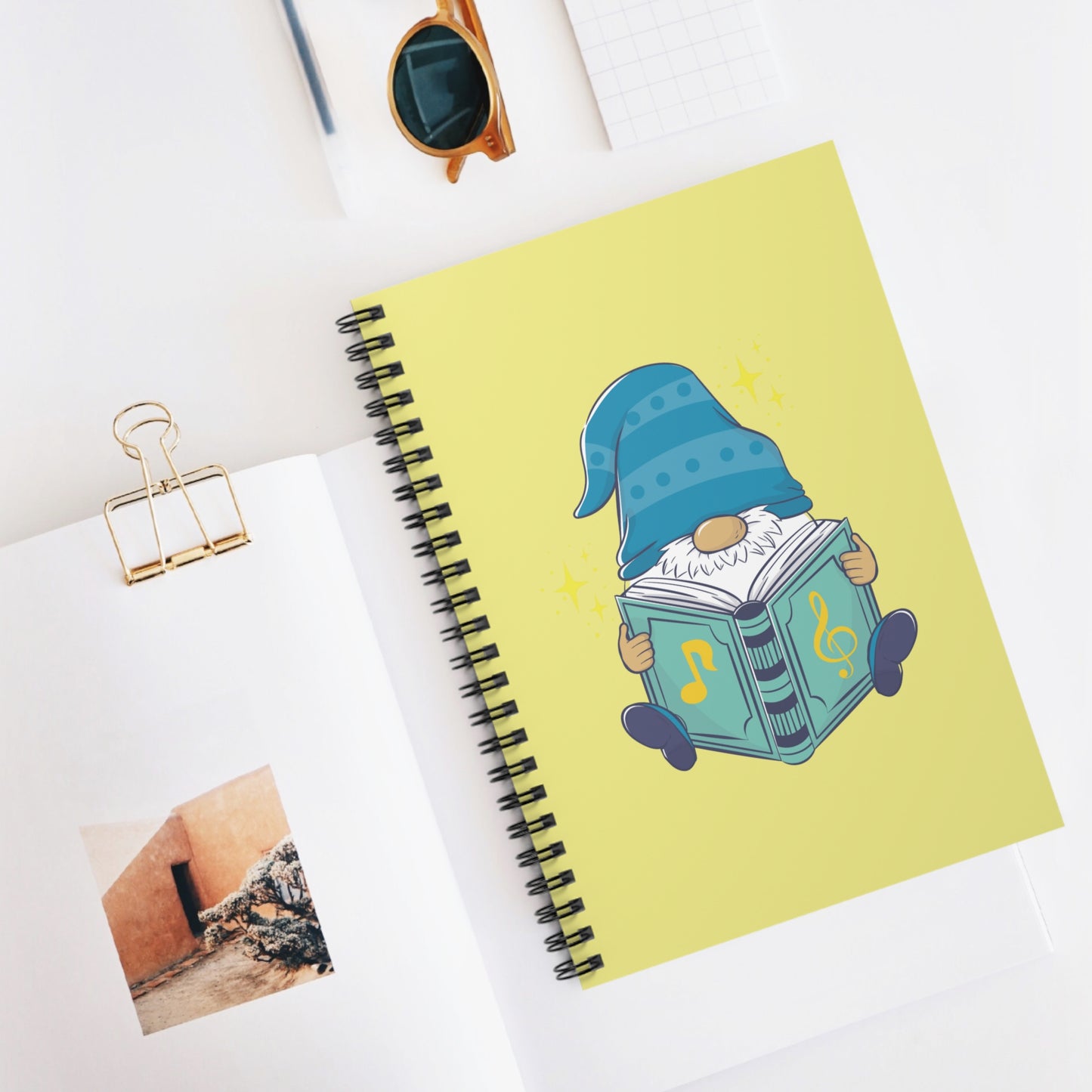 Studious Gnome Reading Music Book Spiral Notebook - Student Ruled Line Journal - Music Theory Gift
